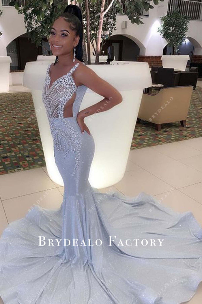 Silver Sequin High Neck Illusion Sleeves Feather Trumpet Prom Dress