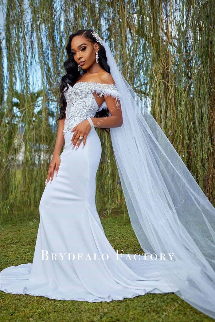 Moxidress Off Shoulder Rhinestones Detail Printed Slit Pleated Maxi Dress