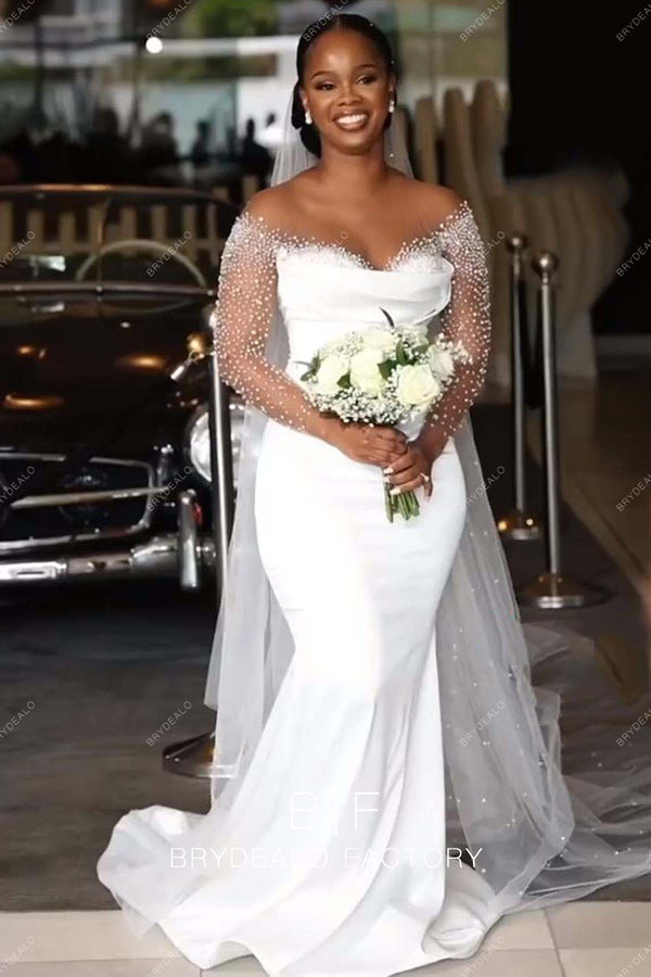 Cap Sleeves Mermaid Long Wedding Dress with Ruffles Overskirt