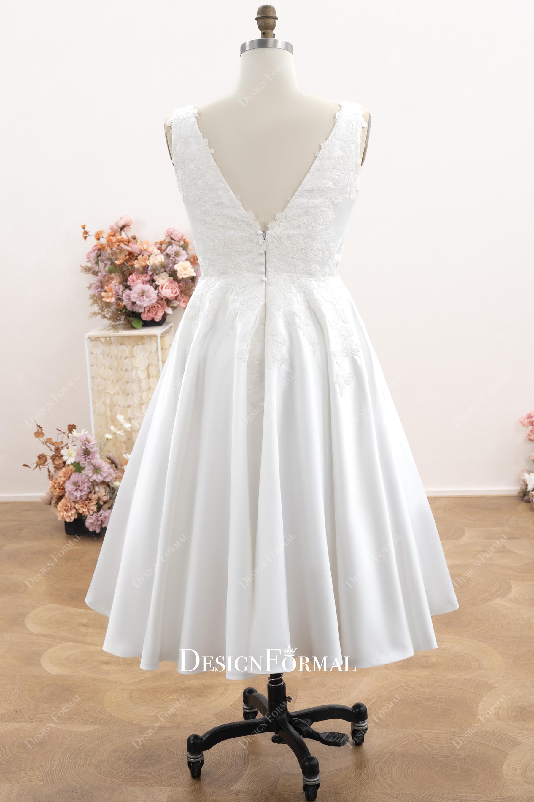 midi length lace satin A-line wedding dress