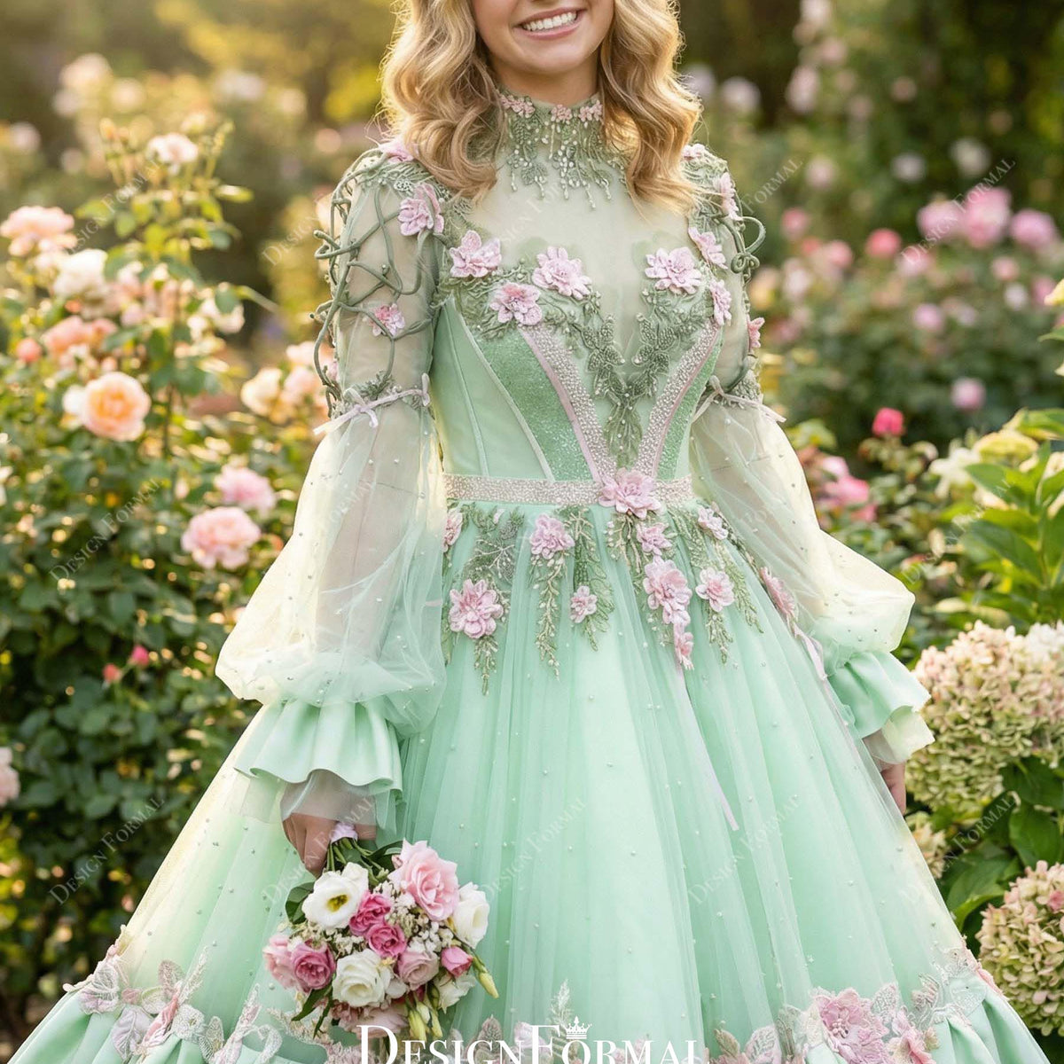 Pink Flowers Mint Tea Length Forest Formal Wedding Dress Pink Flowers Mint Tea Length Forest Formal Wedding Dress