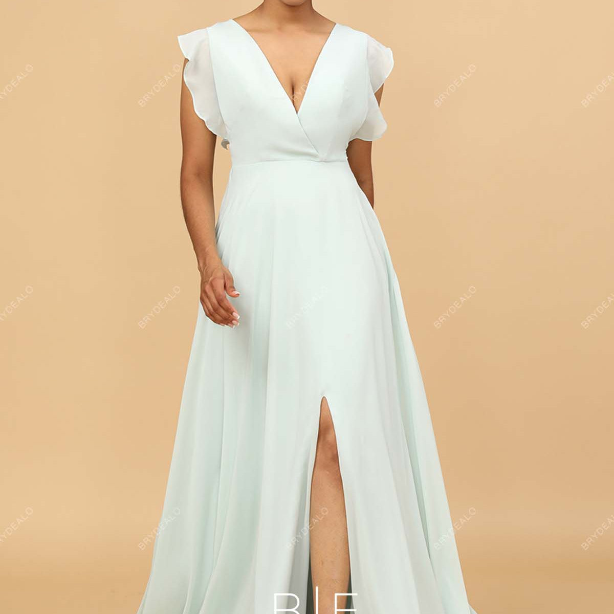 Mint Chiffon V-Neck Flutter Sleeve Slit Long Bridesmaid Evening Prom Dress