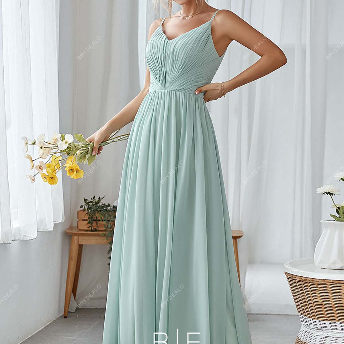 Mint Pleated Chiffon V-Neck Floor Length Modest Bridesmaid Prom Dress