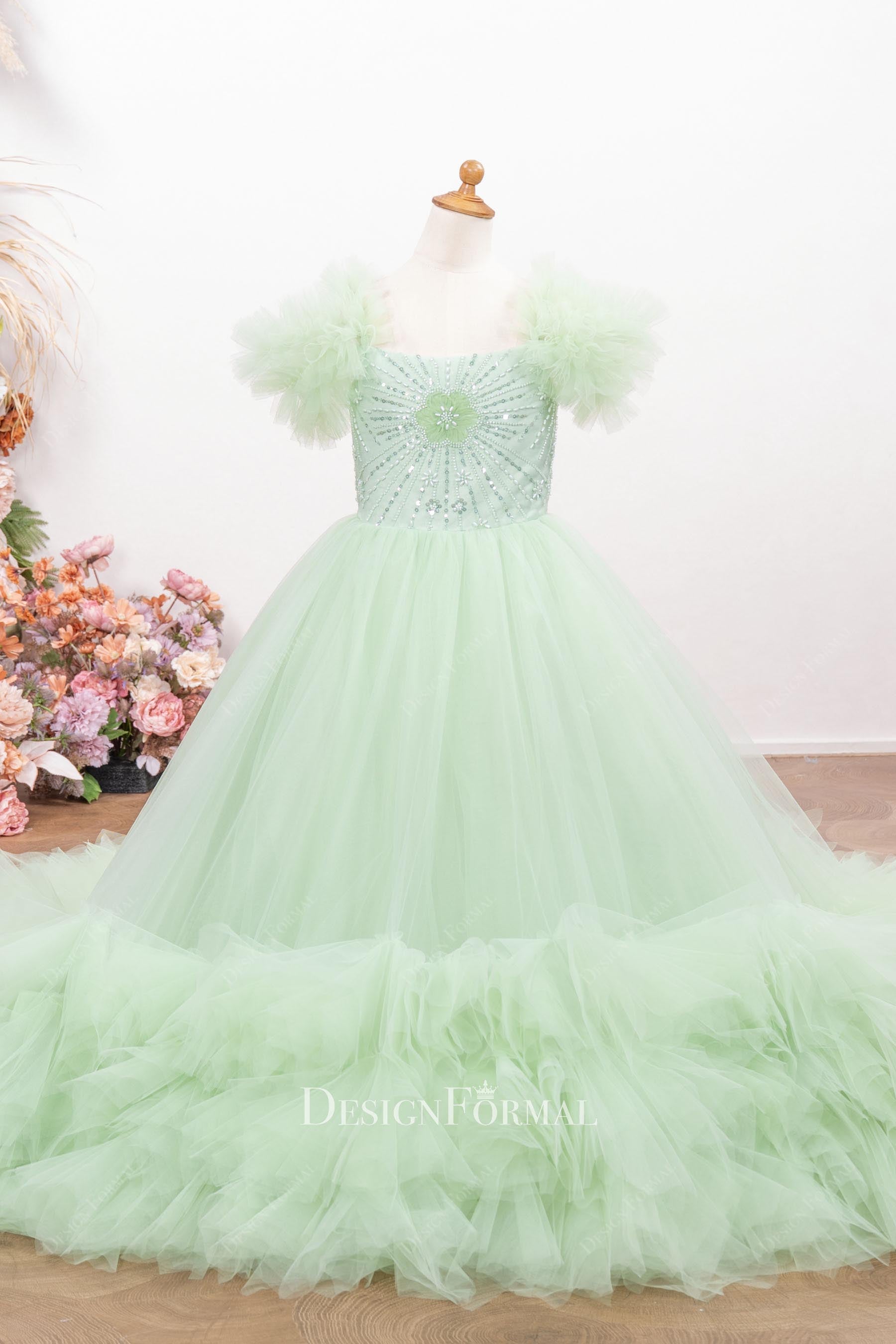 mint tulle ruffled sleeves pageant dress