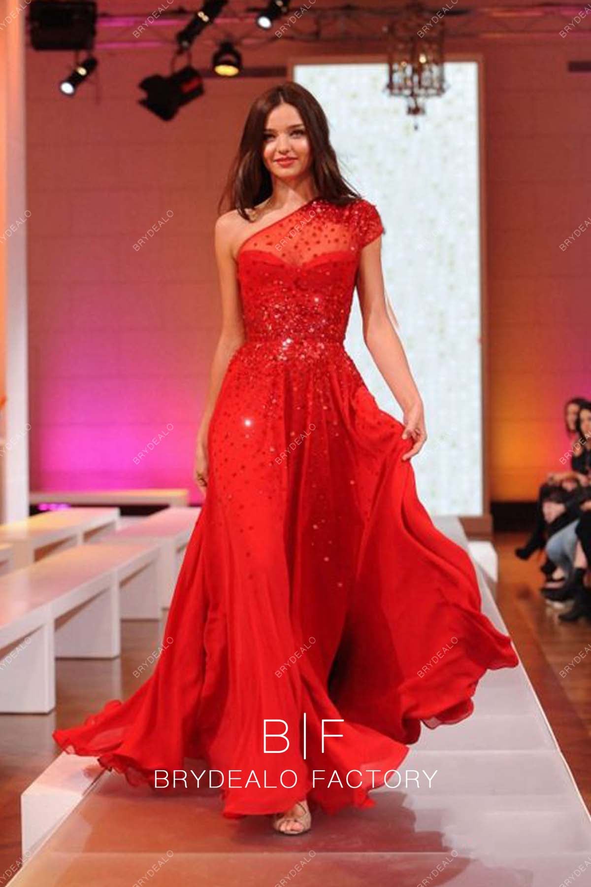 Miranda Kerr Red Sequins One Shoulder Long Runway Dress
