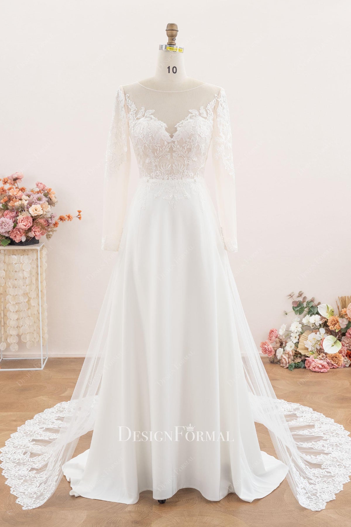 modern overskirt lace bridal dress
