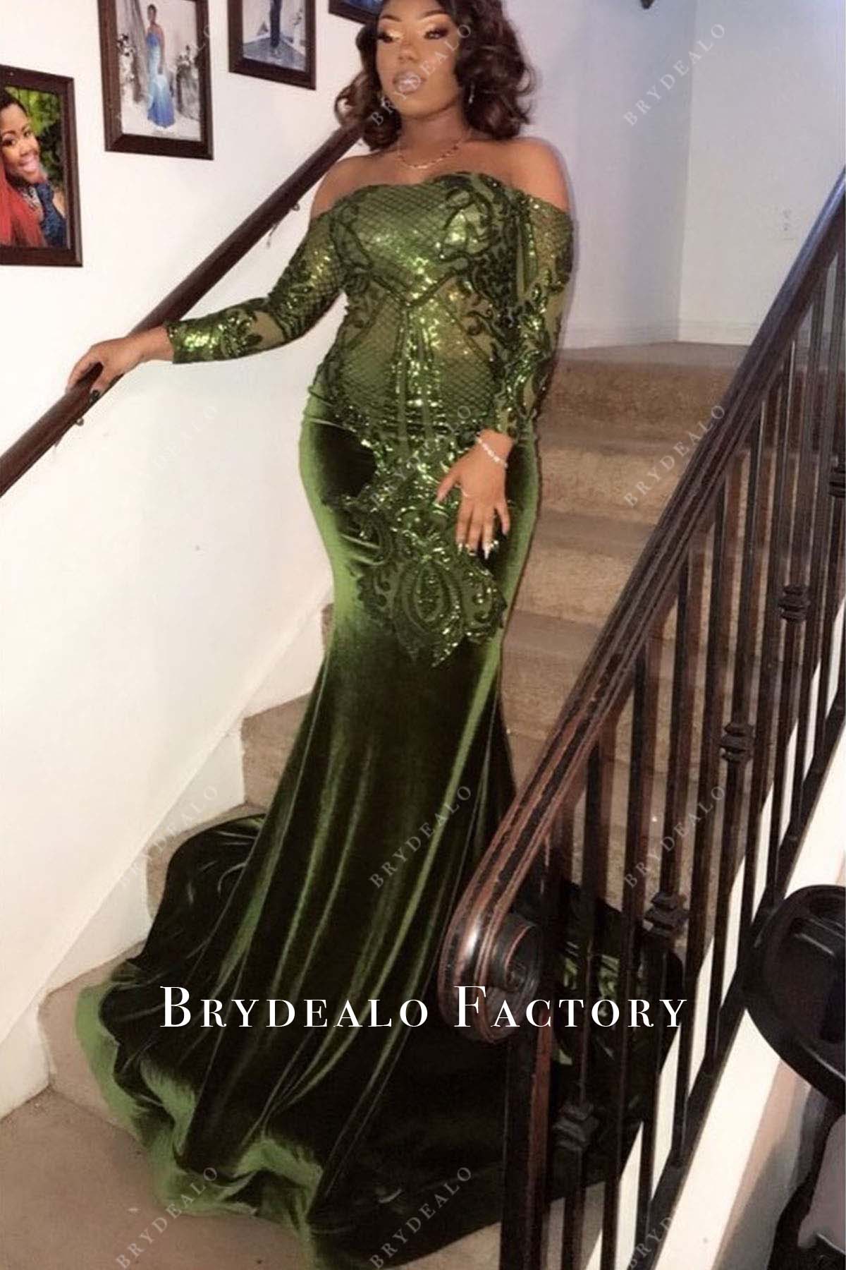 moss green off shoulder sequined prom dress