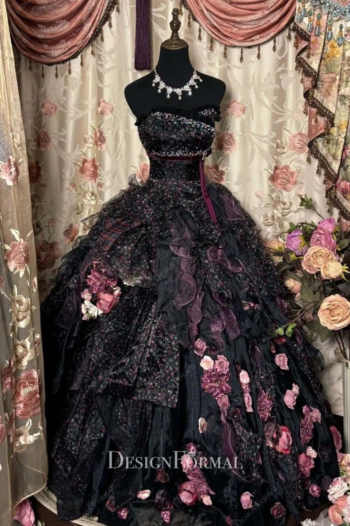 Custom Multi-Colored Organza Ruffled 3D Floral Gothic Ball Gown