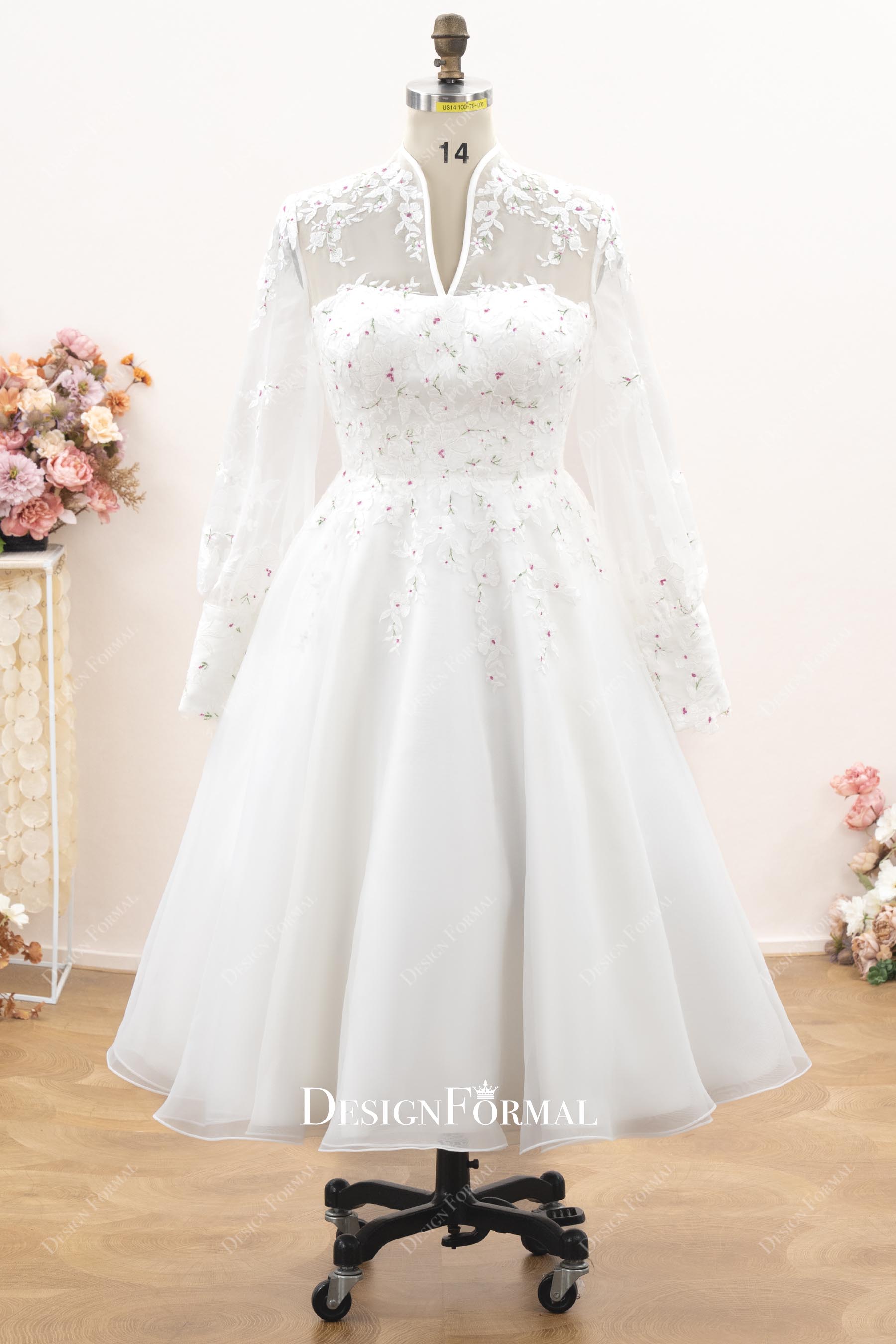 natural waist pink lace midi wedding dress