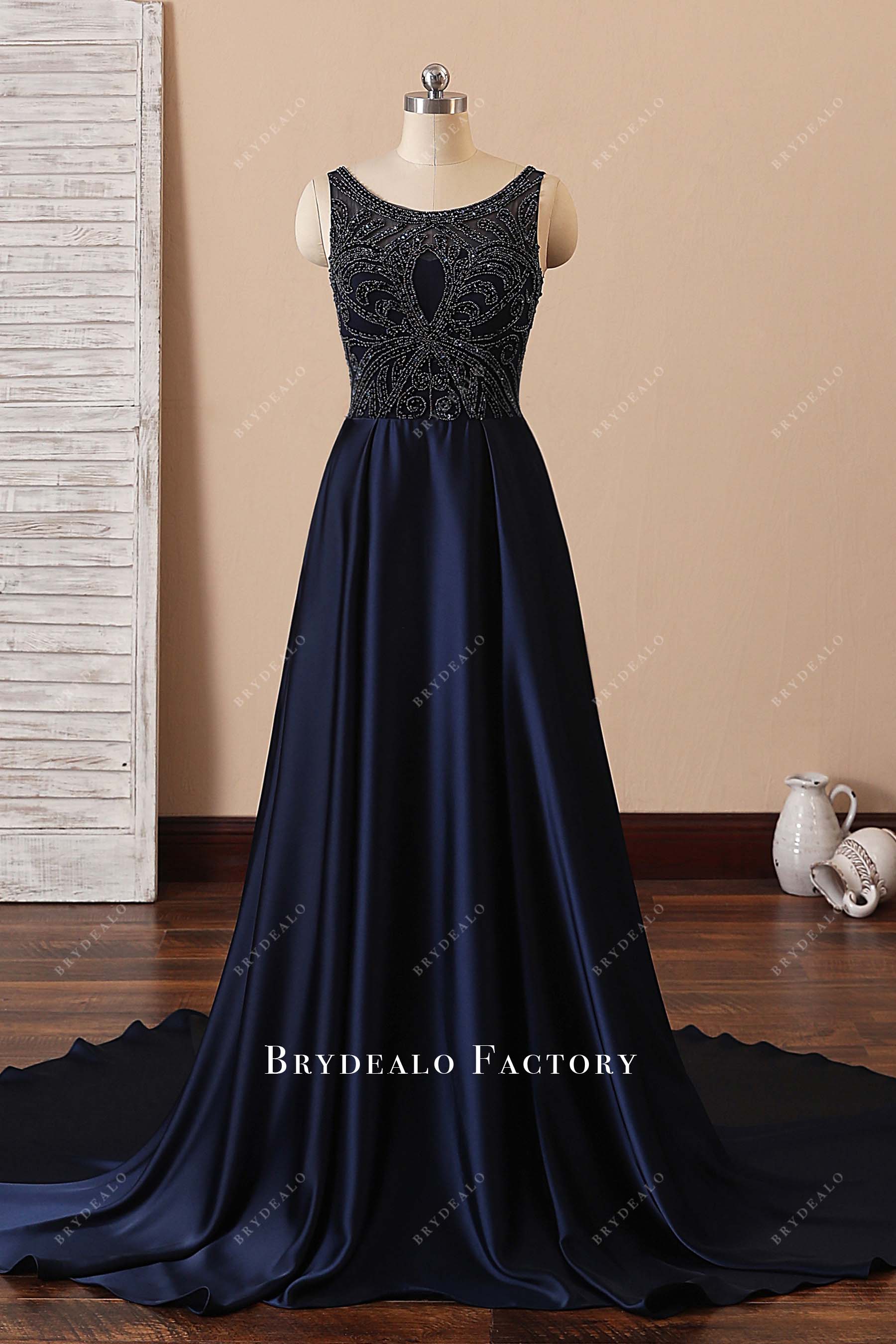 Beaded Navy Satin Illusion Plus Size Evening Prom Dress
