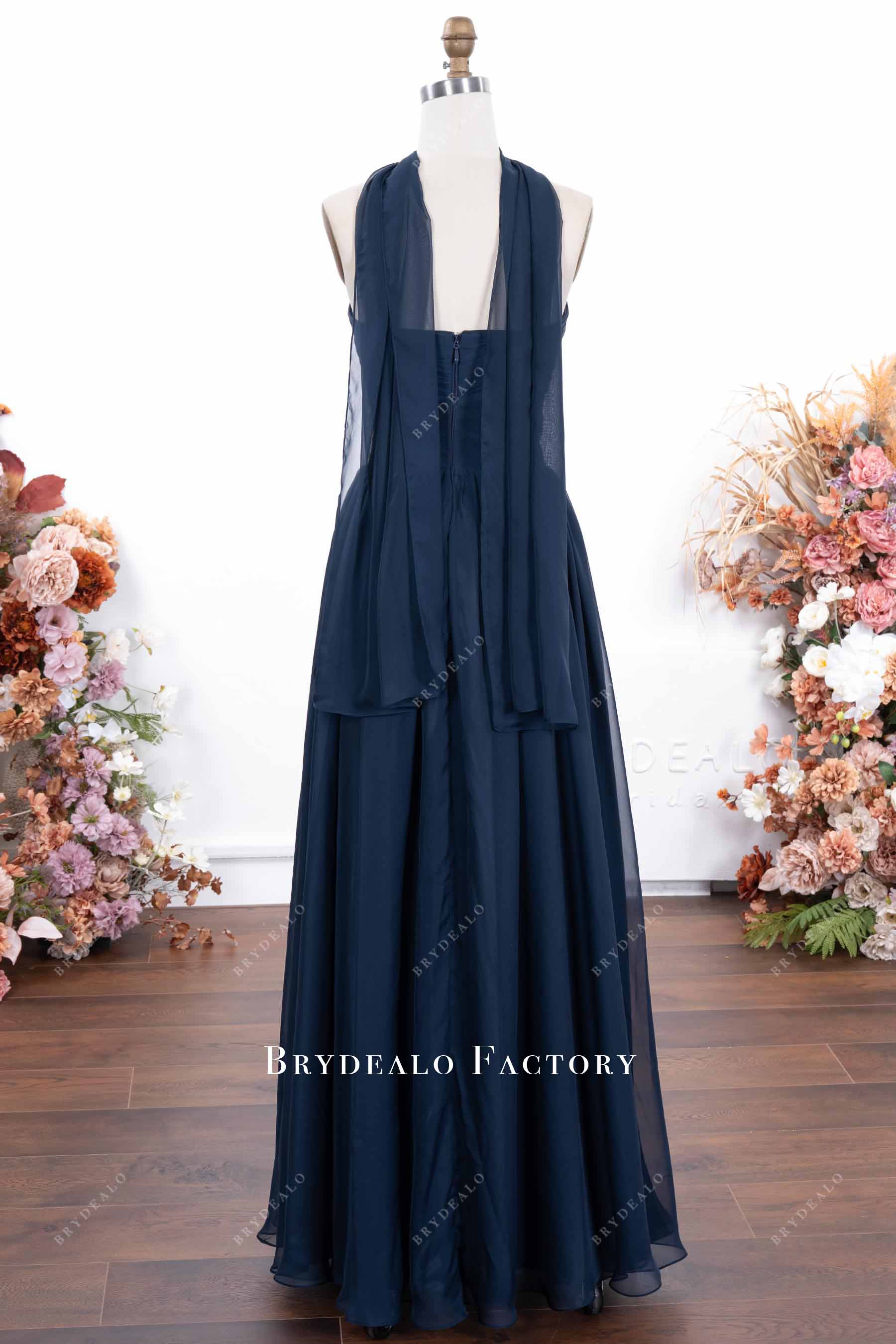 navy chiffon scarf formal dress