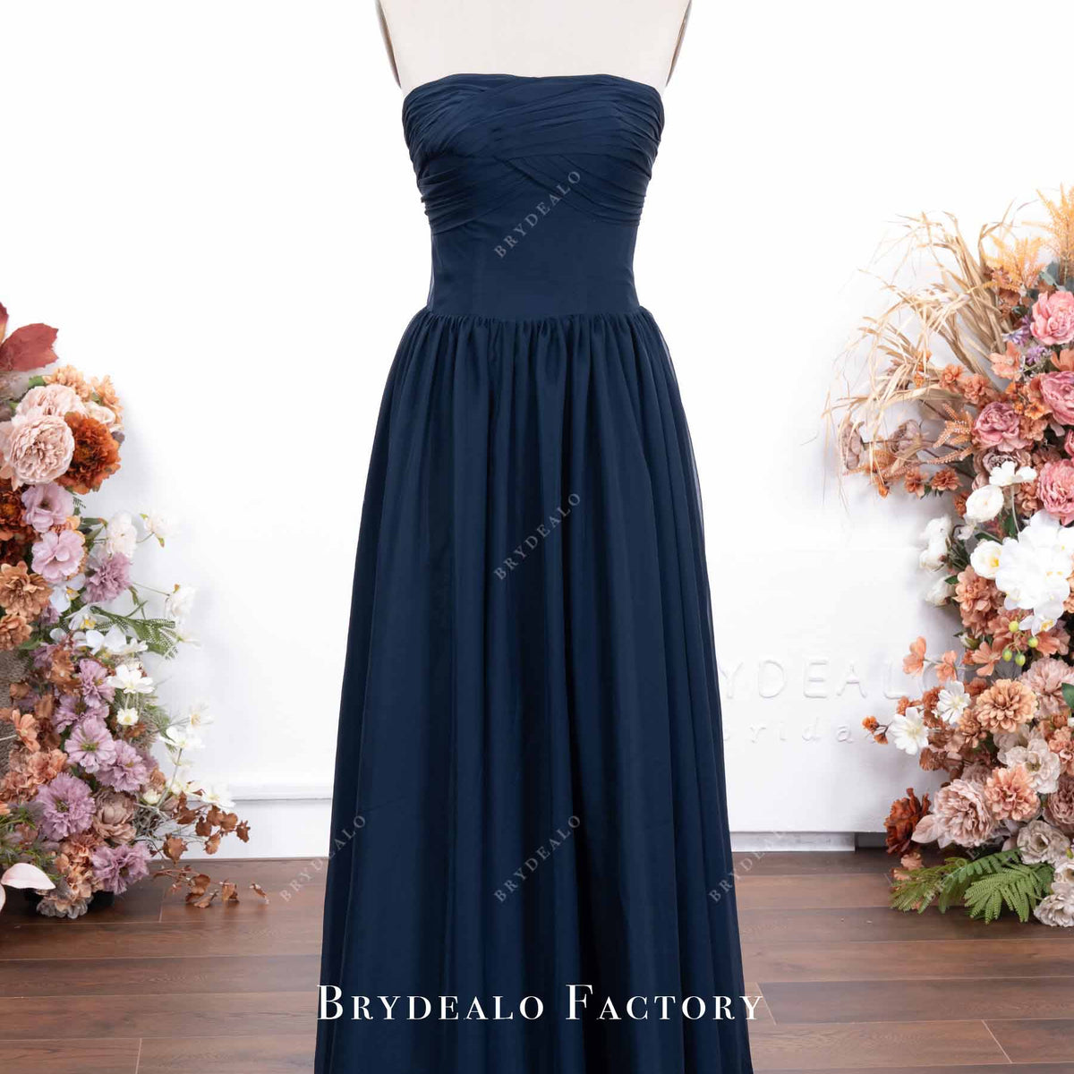 Navy Chiffon Strapless A-Line Floor Length Prom Dress