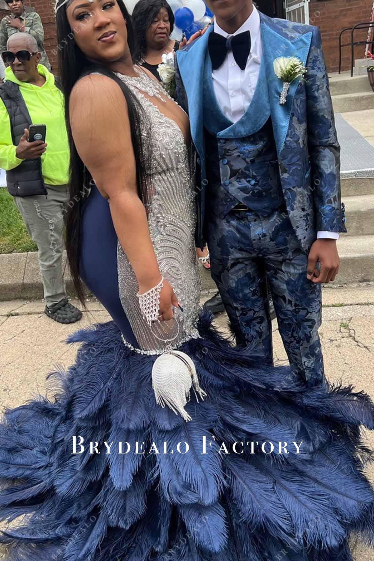 navy feathered trumpet prom dress