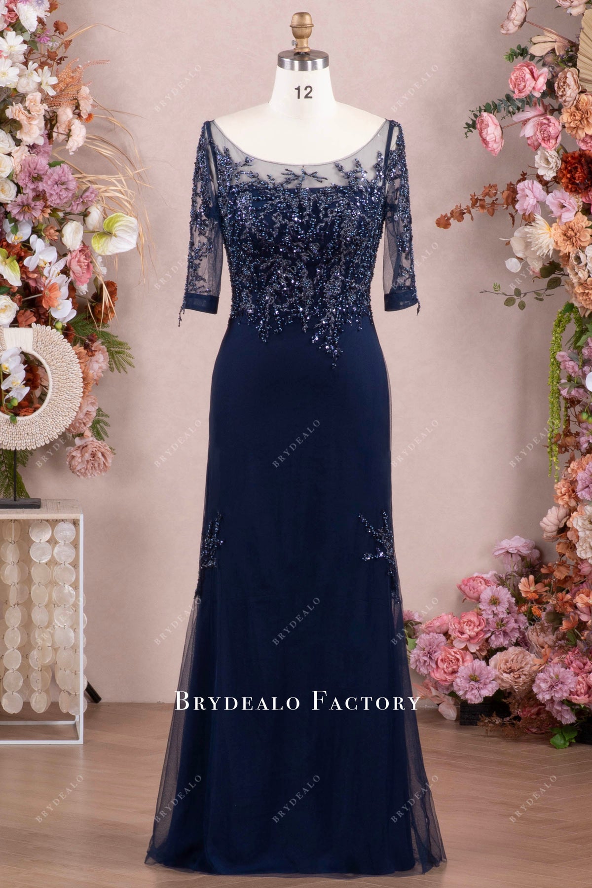 Navy Boat Neck Mermaid Mother of Bride & Groom Dress