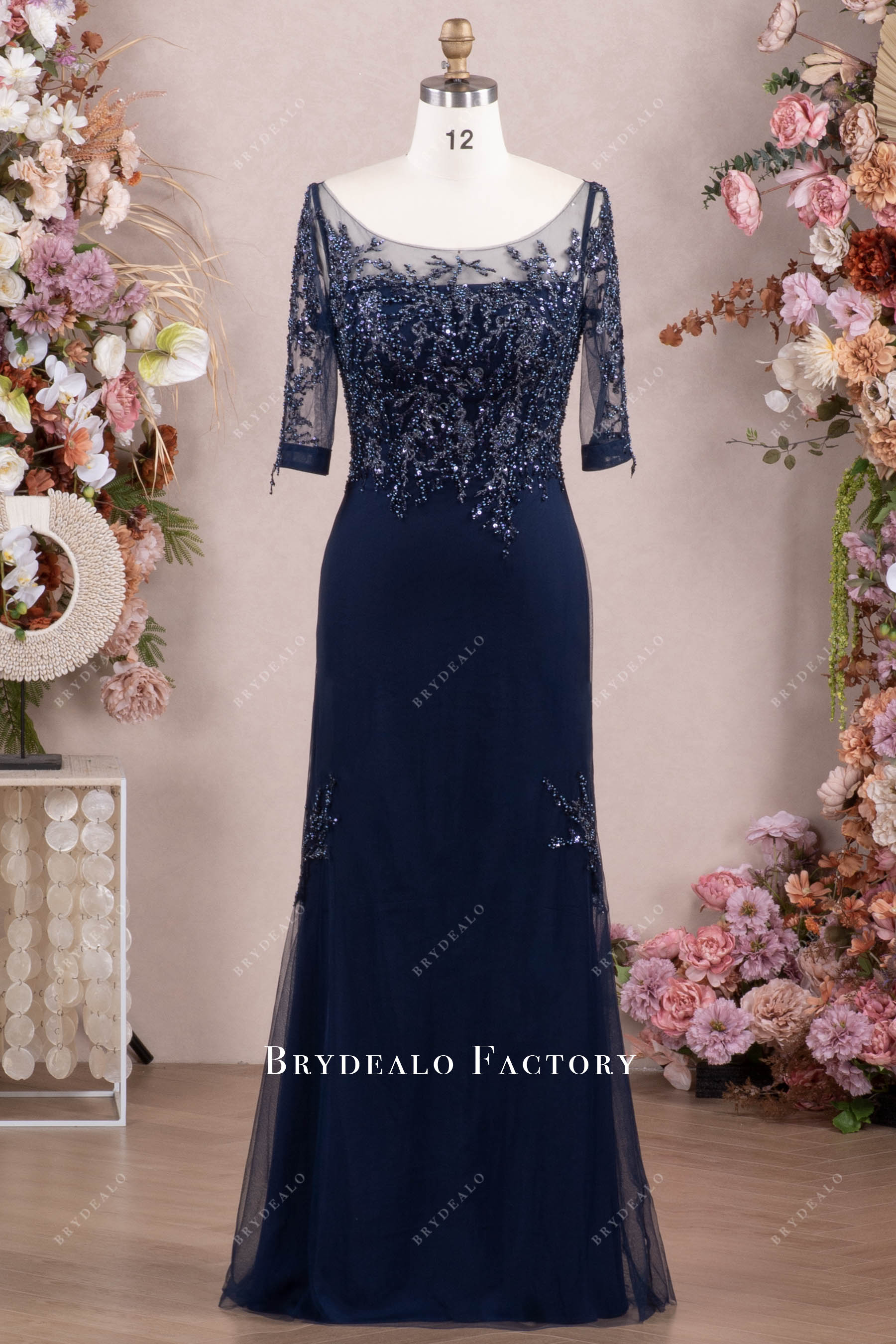 navy fit flare lace mother of bride gown