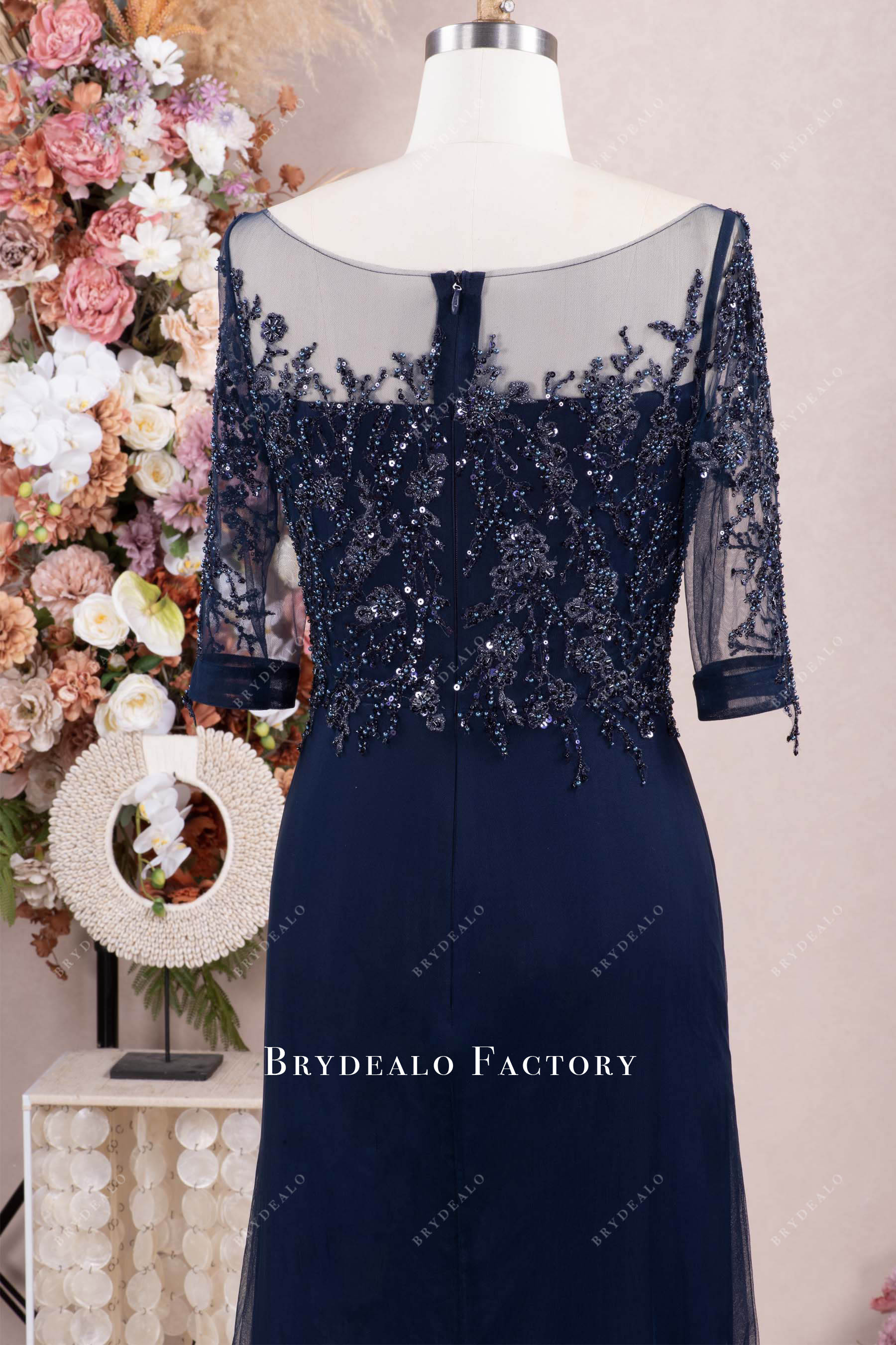 navy half sleeve beaded lace mother of bride gown