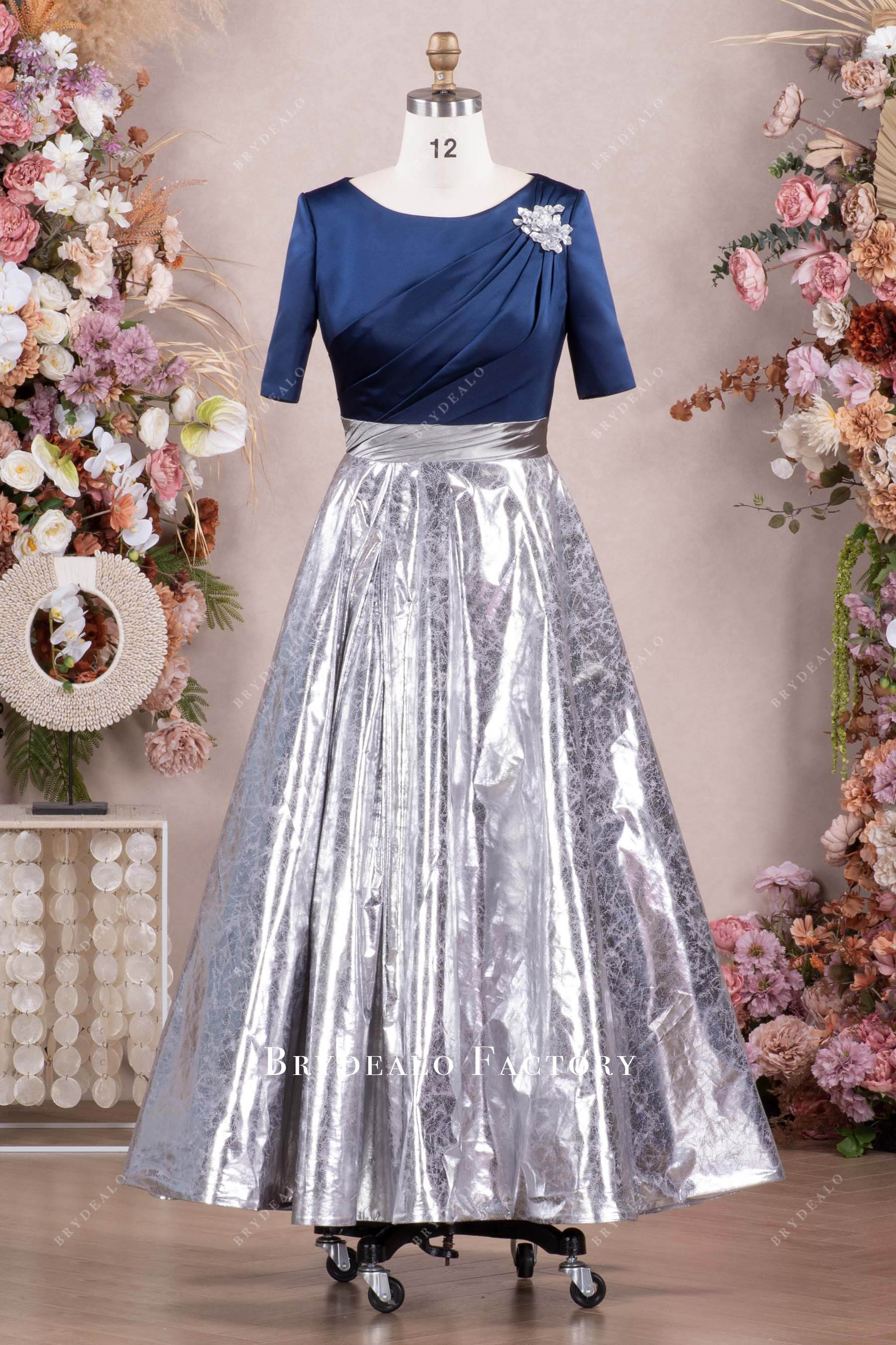 navy silver a line evening dress