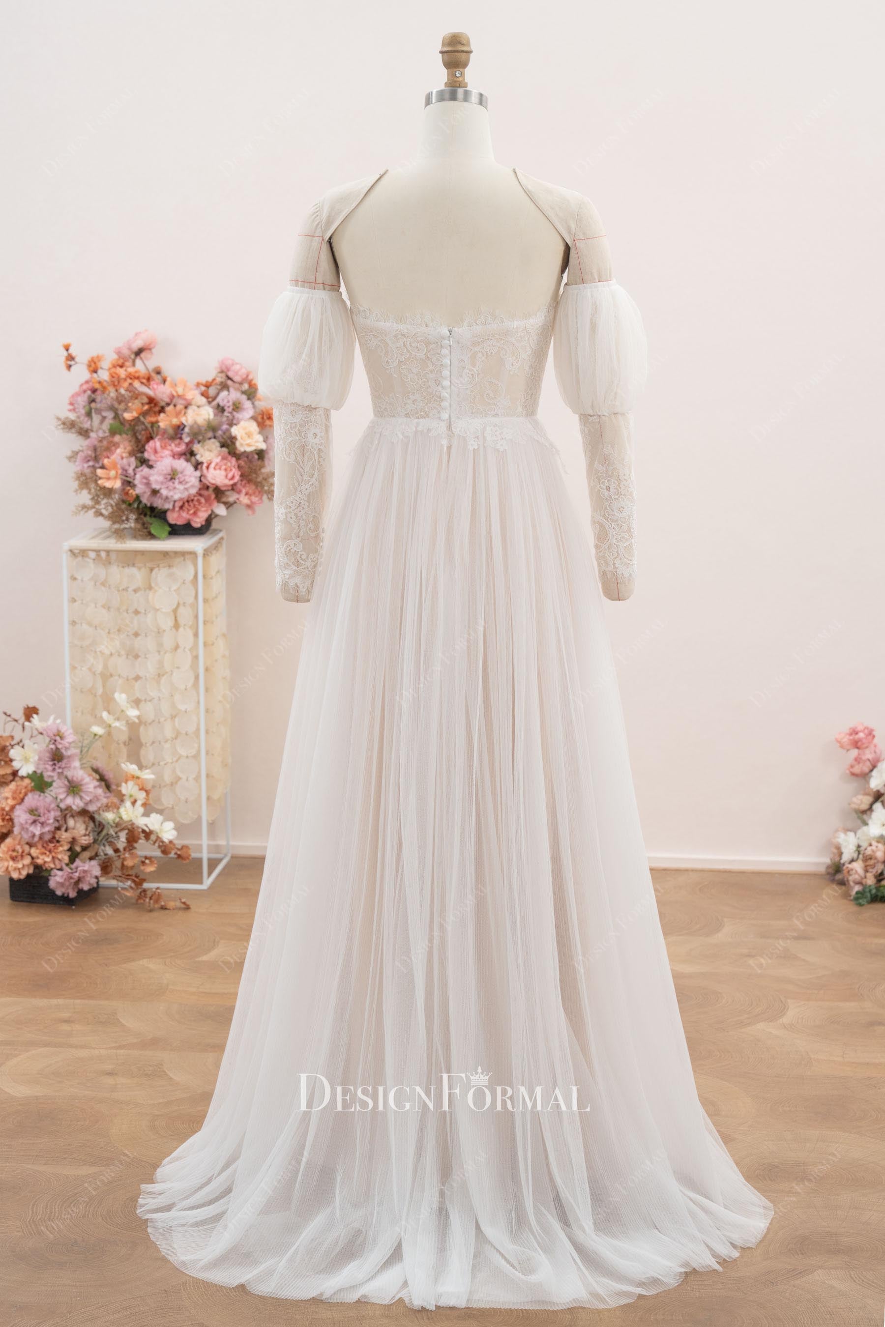 nude beige a line sweep train wedding dress