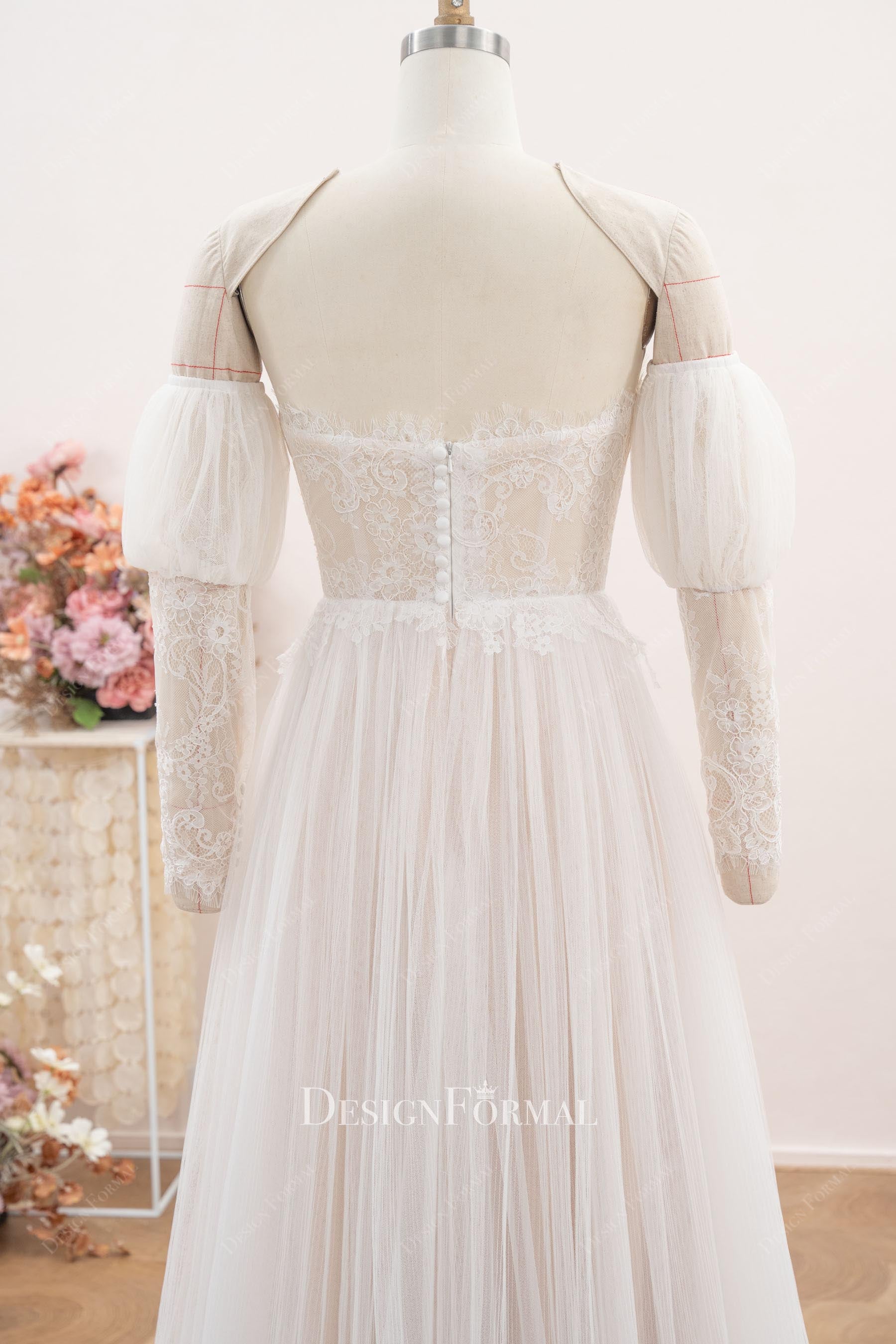 nude beige detachable sleeve wedding dress
