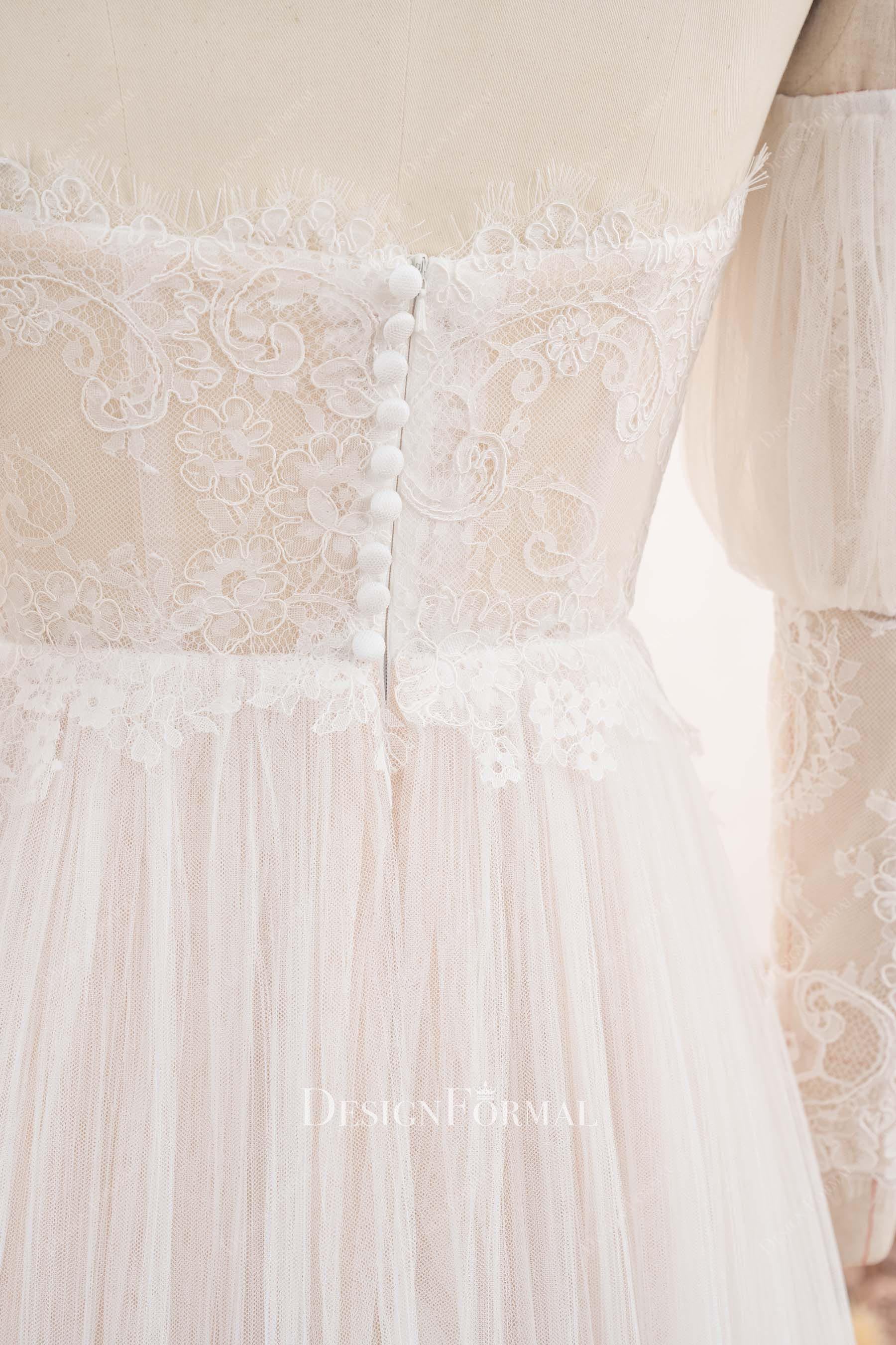 nude beige lace open back wedding dress