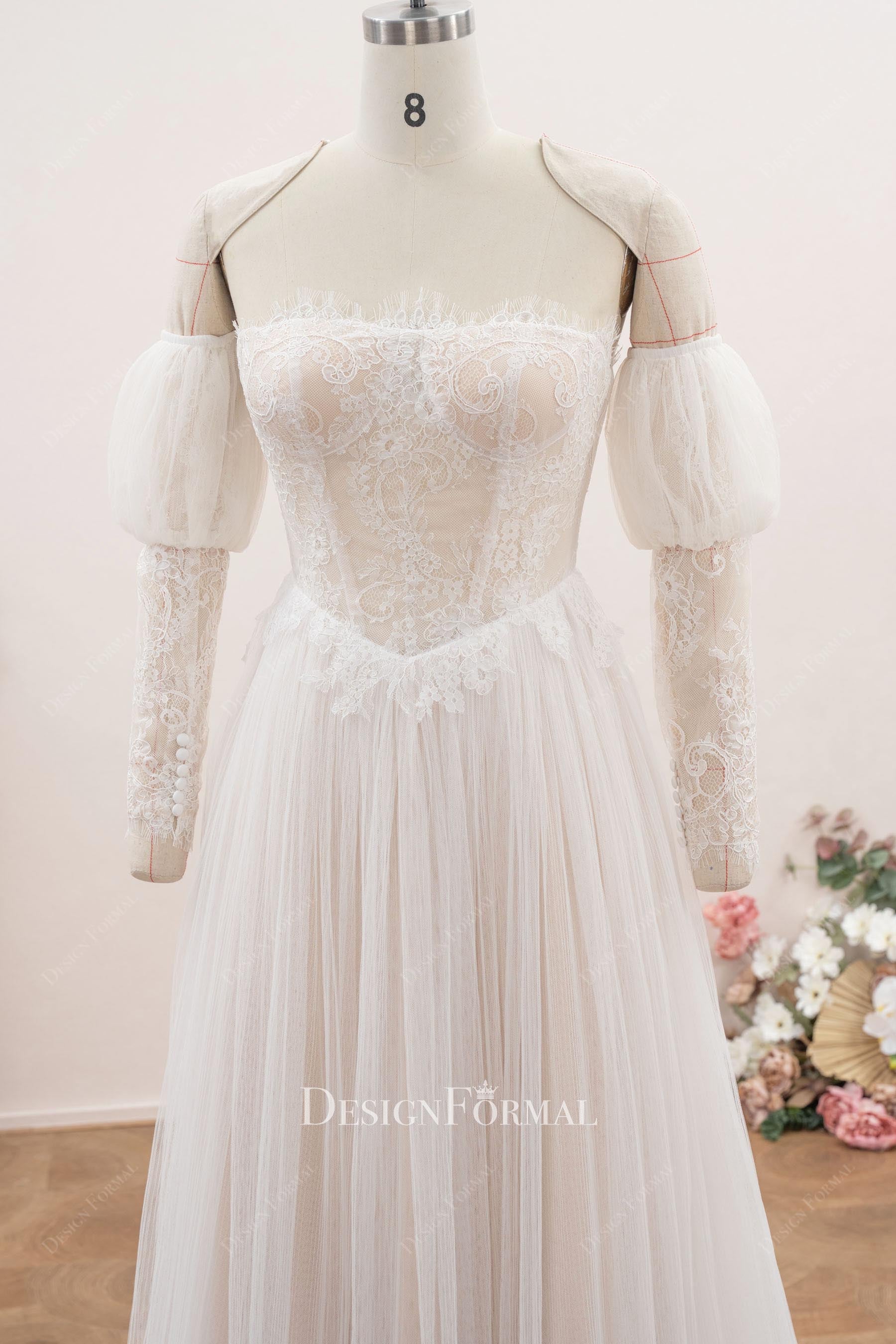 nude beige lace scalloped neck wedding dress