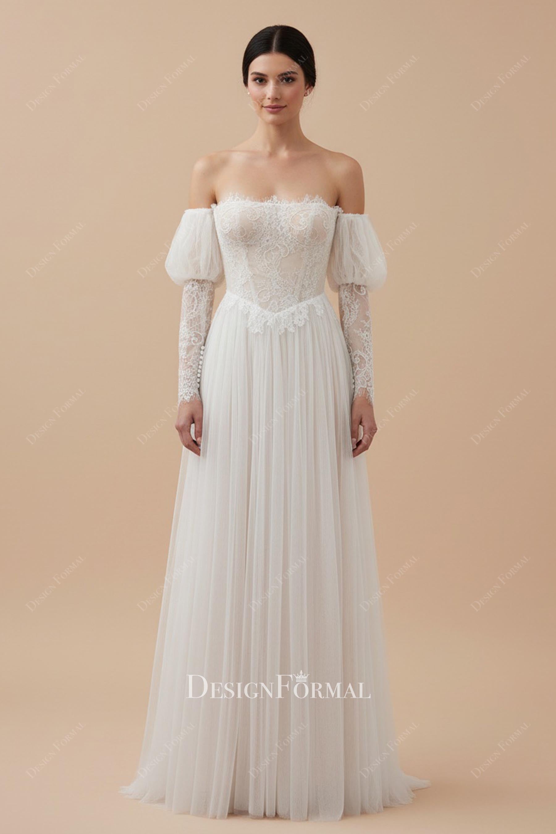 nude beige off shoulder wedding dress