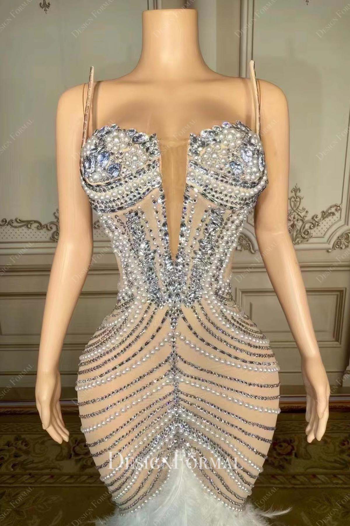 nude beige plunging neck prom dress