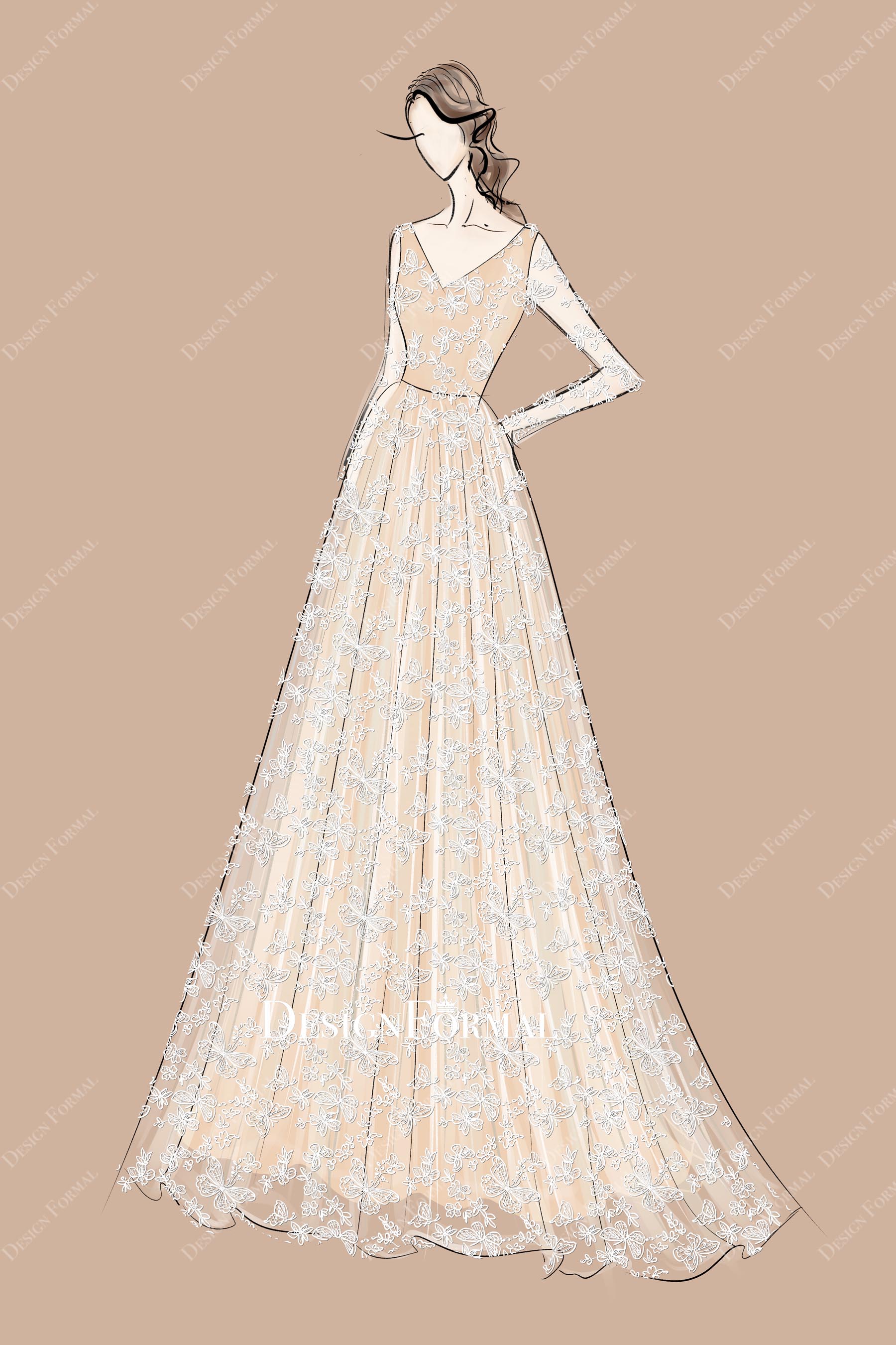 V-neck Butterfly Lace Wedding Dress Sketch