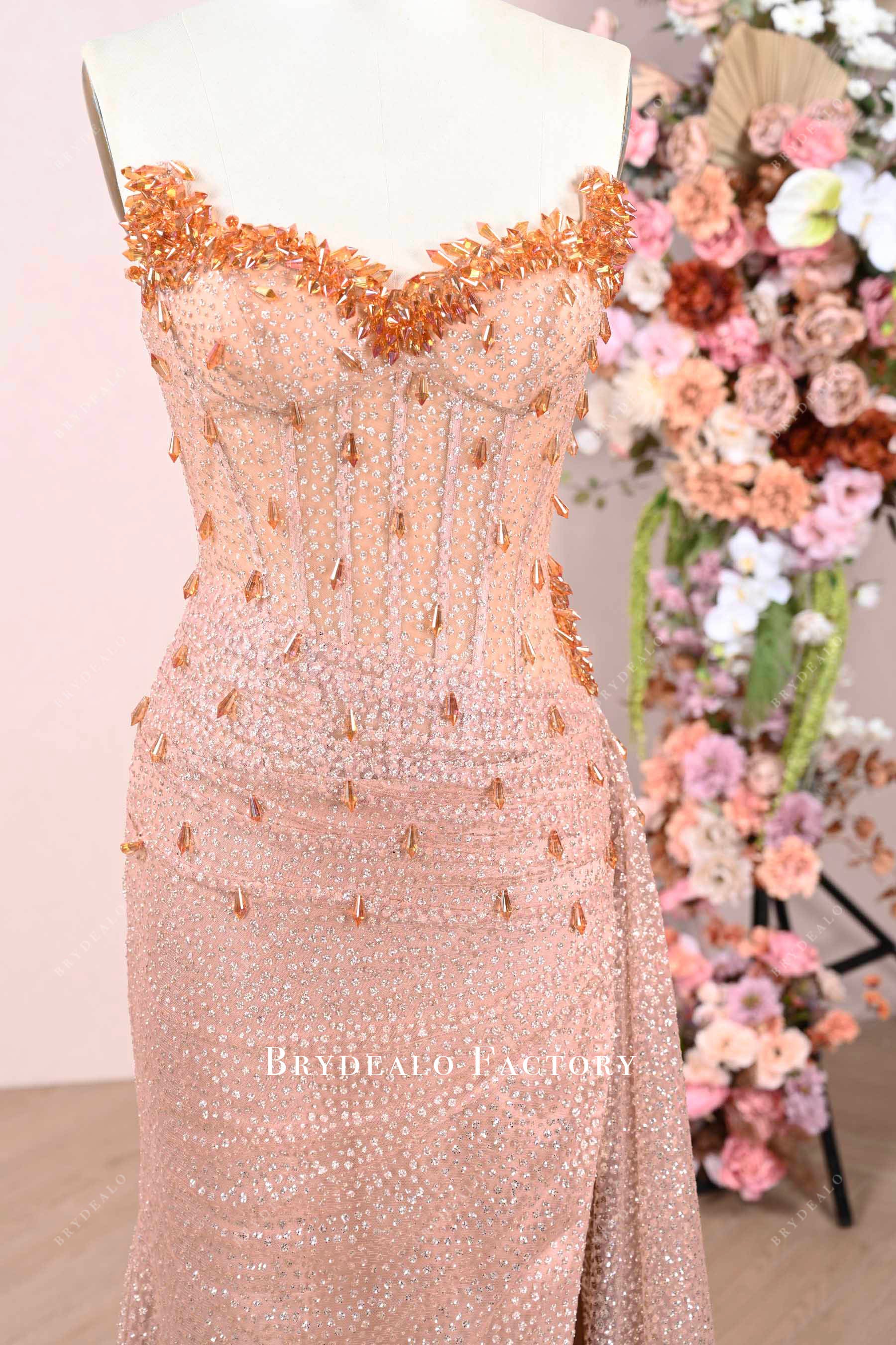 nude corset rhinestone sweetheart neck prom dress