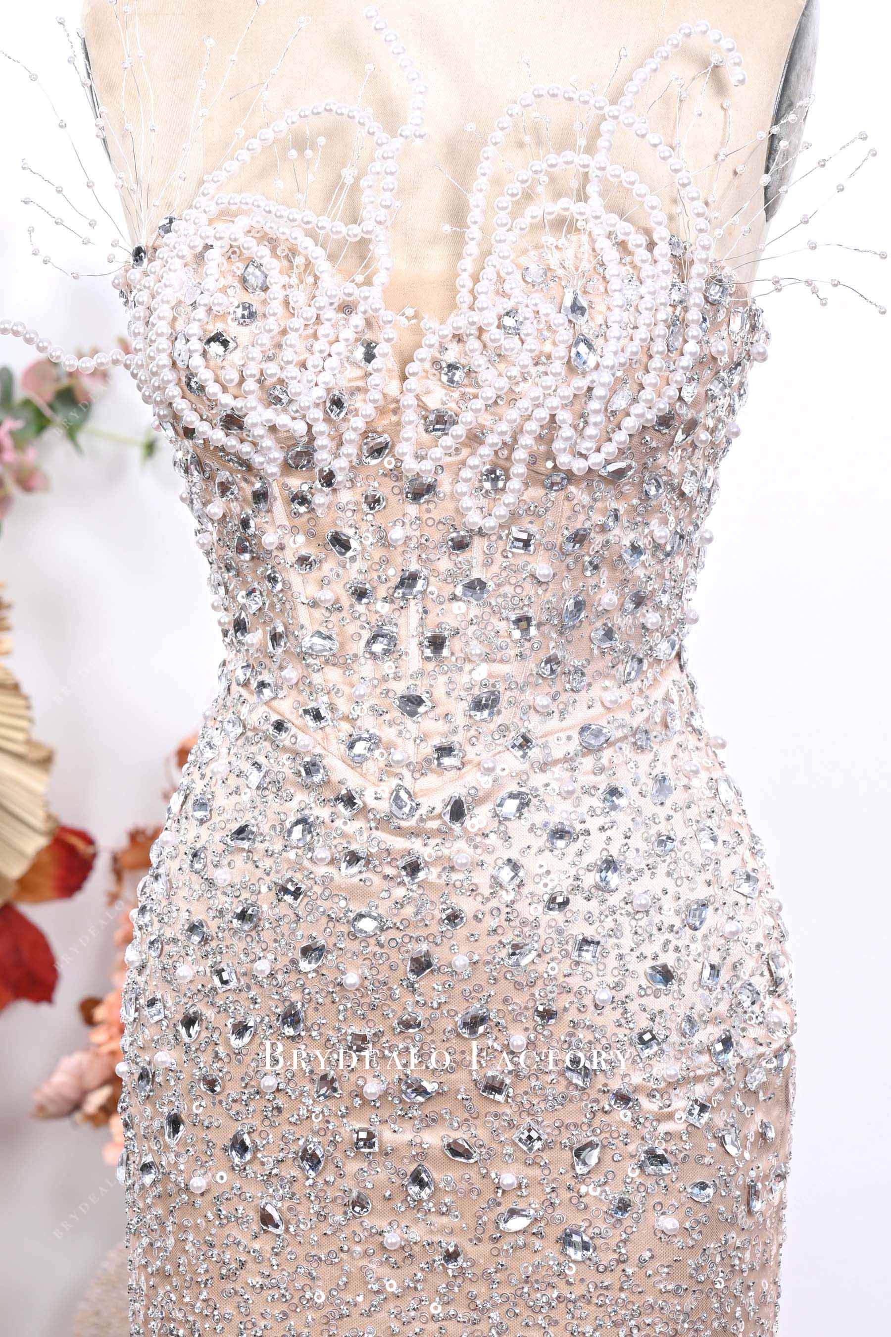 nude glitter sweetheart neck prom dress