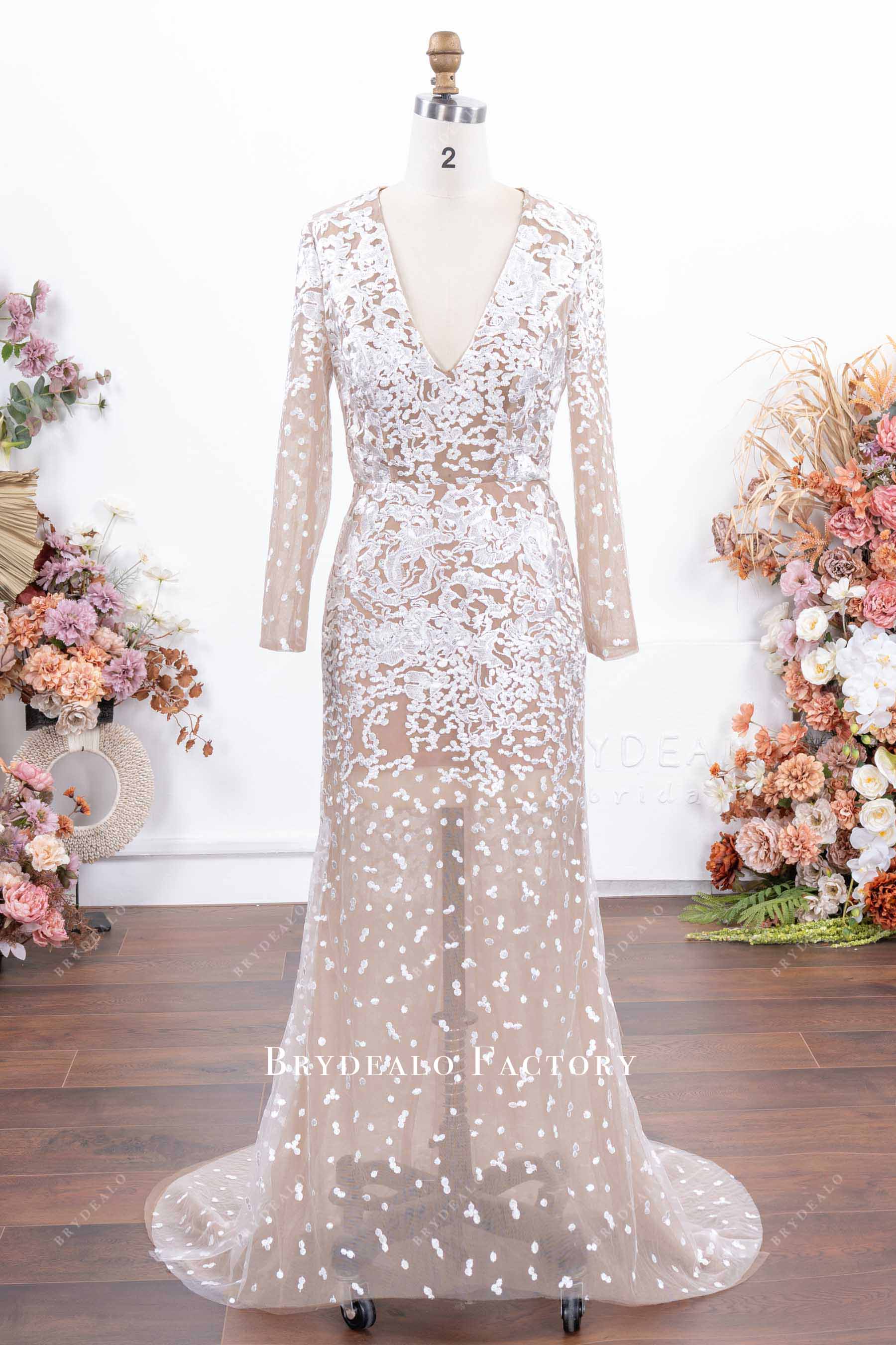 nude lace fit flare wedding dress