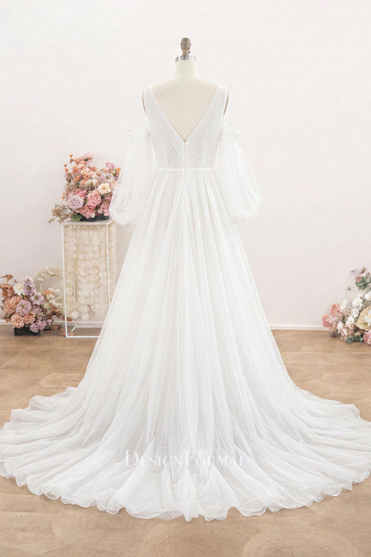 nude pink tulle court train wedding dress