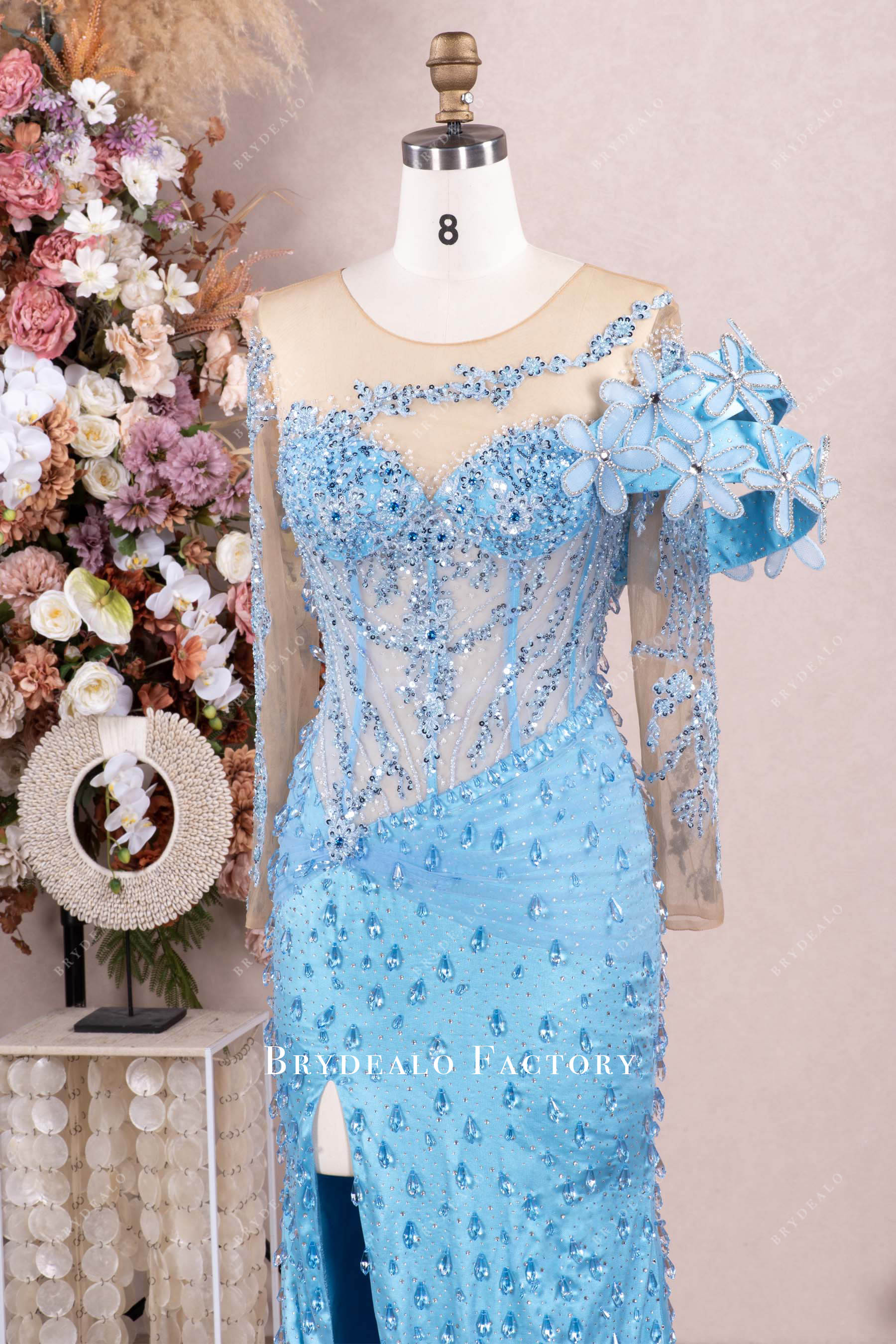 ocean blue beaded lace sleeved prom dress