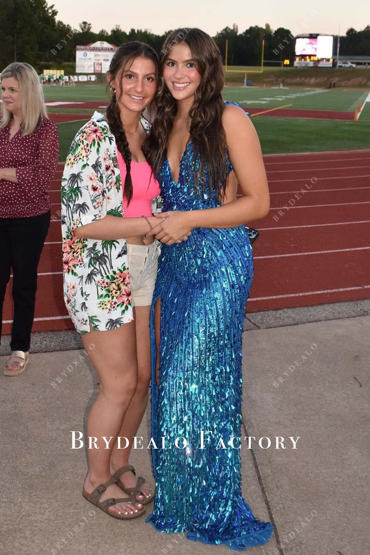 ocean blue sequined sleeveless homecoming dress