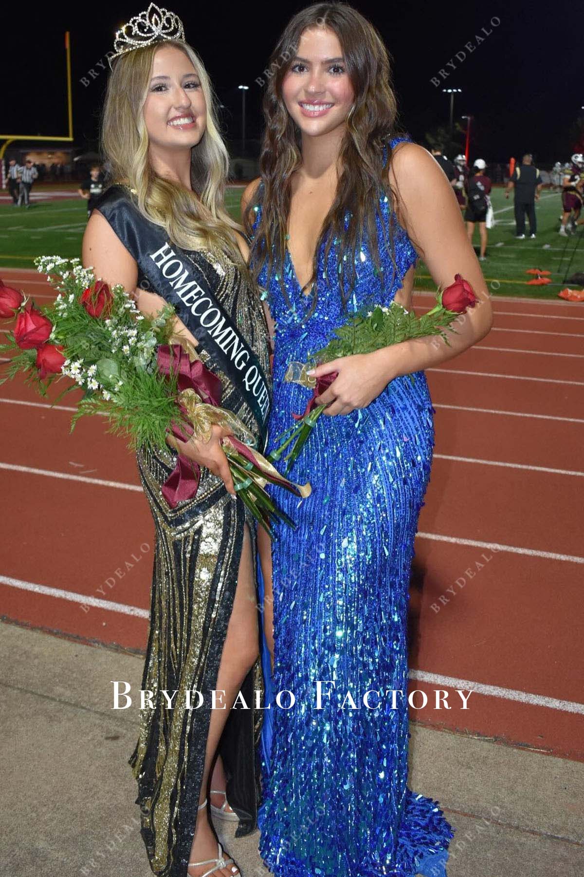 ocean blue sequined sweep train homecoming dress