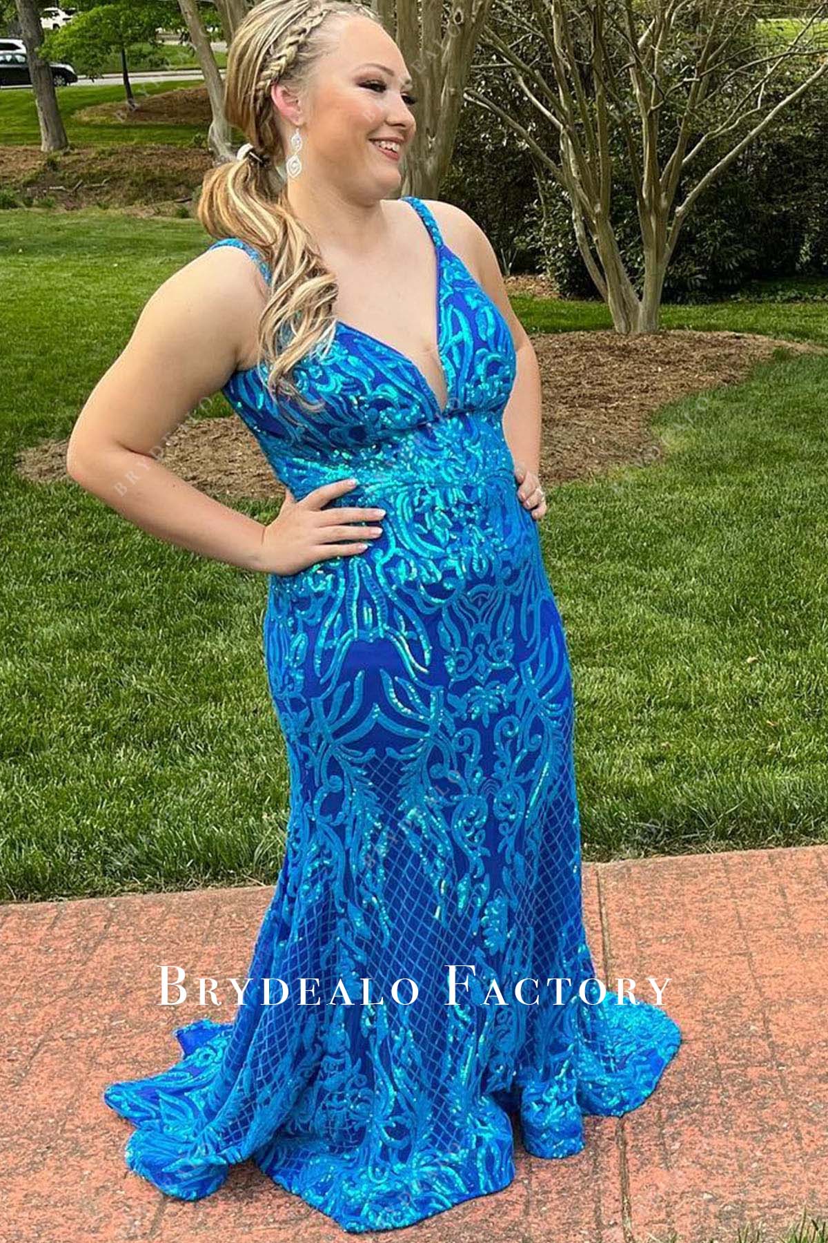 ocean blue sequined v neck homecoming dress