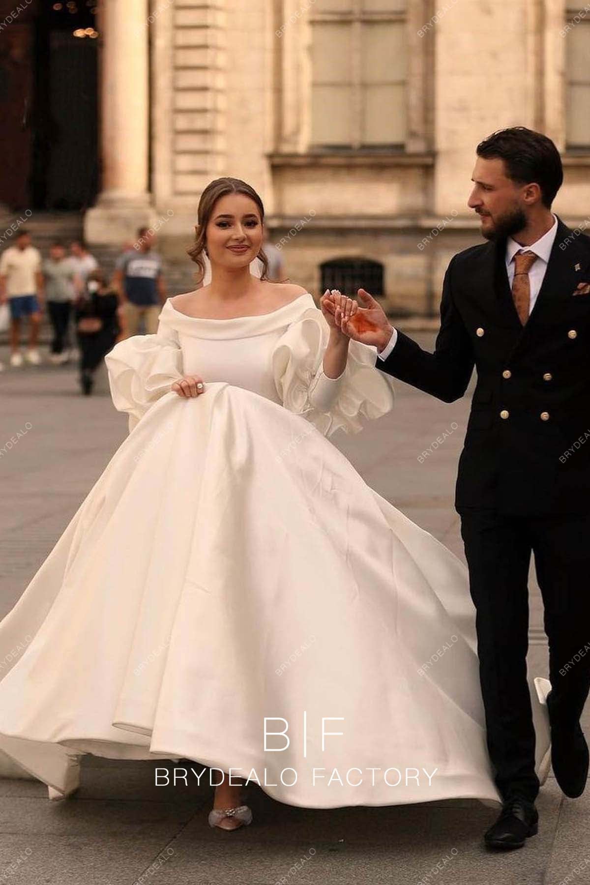 Ivory Off Shoulder Satin Princess Ball Gown Wedding Dress