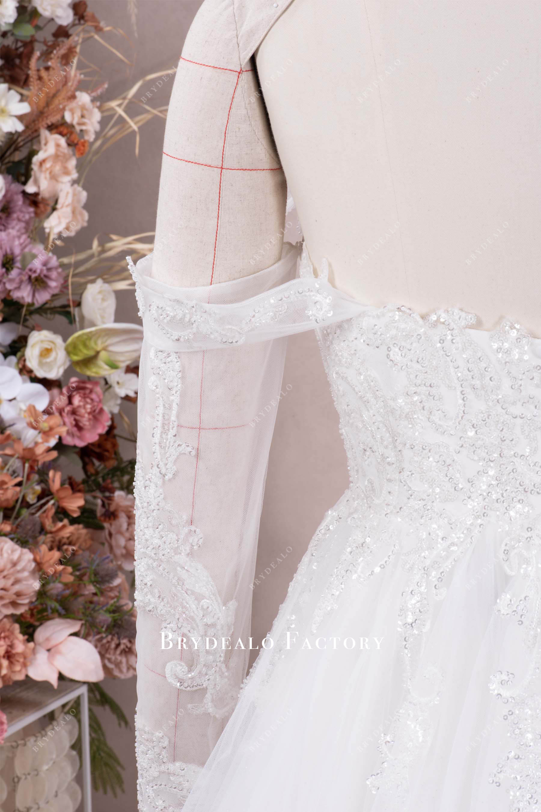 off shoulder beaded lace wedding gown