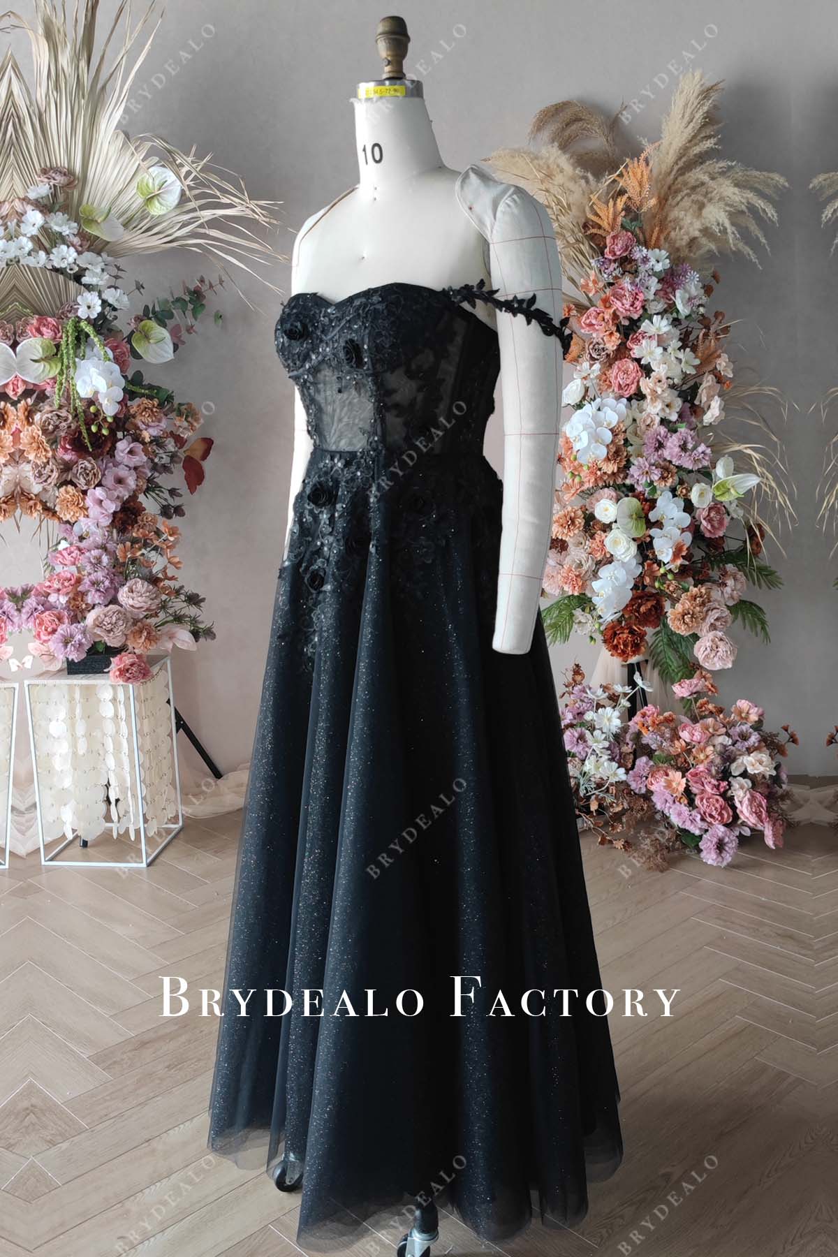 Illusion Lace Black Off Shoulder Corset Bridal Gown