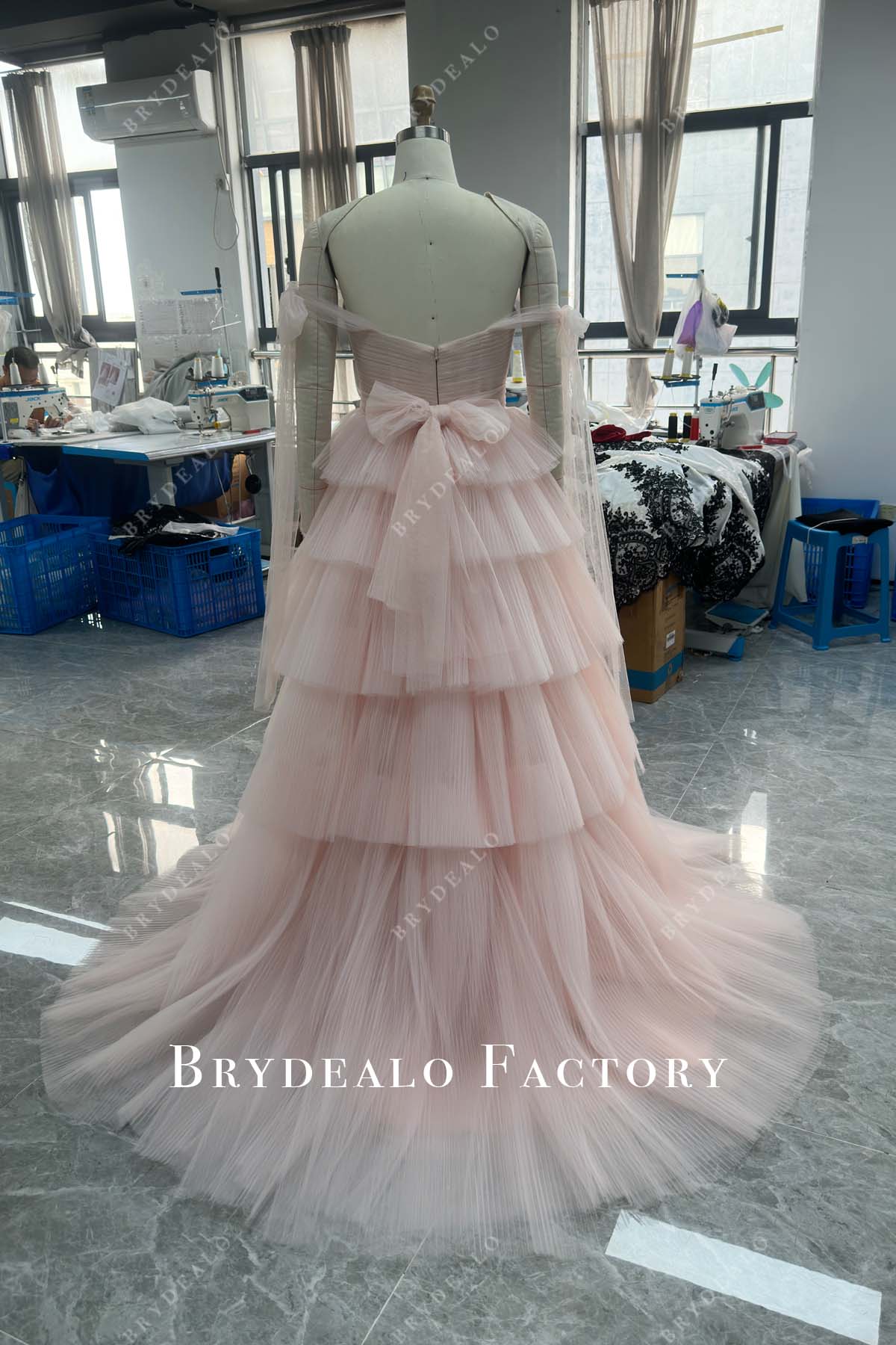 off shoulder blush pleated custom bridal dress