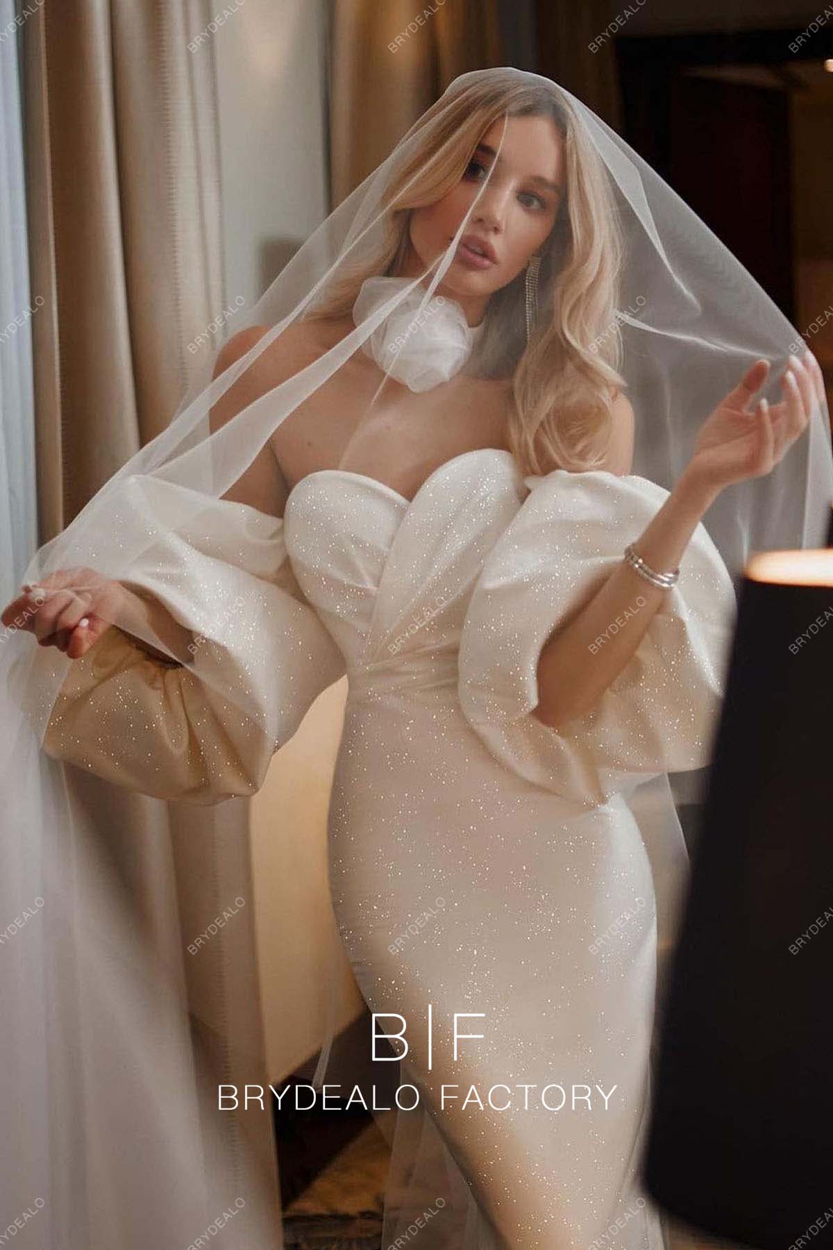 Pretty Off Shoulder Glitter Custom Bridal Reception Dress