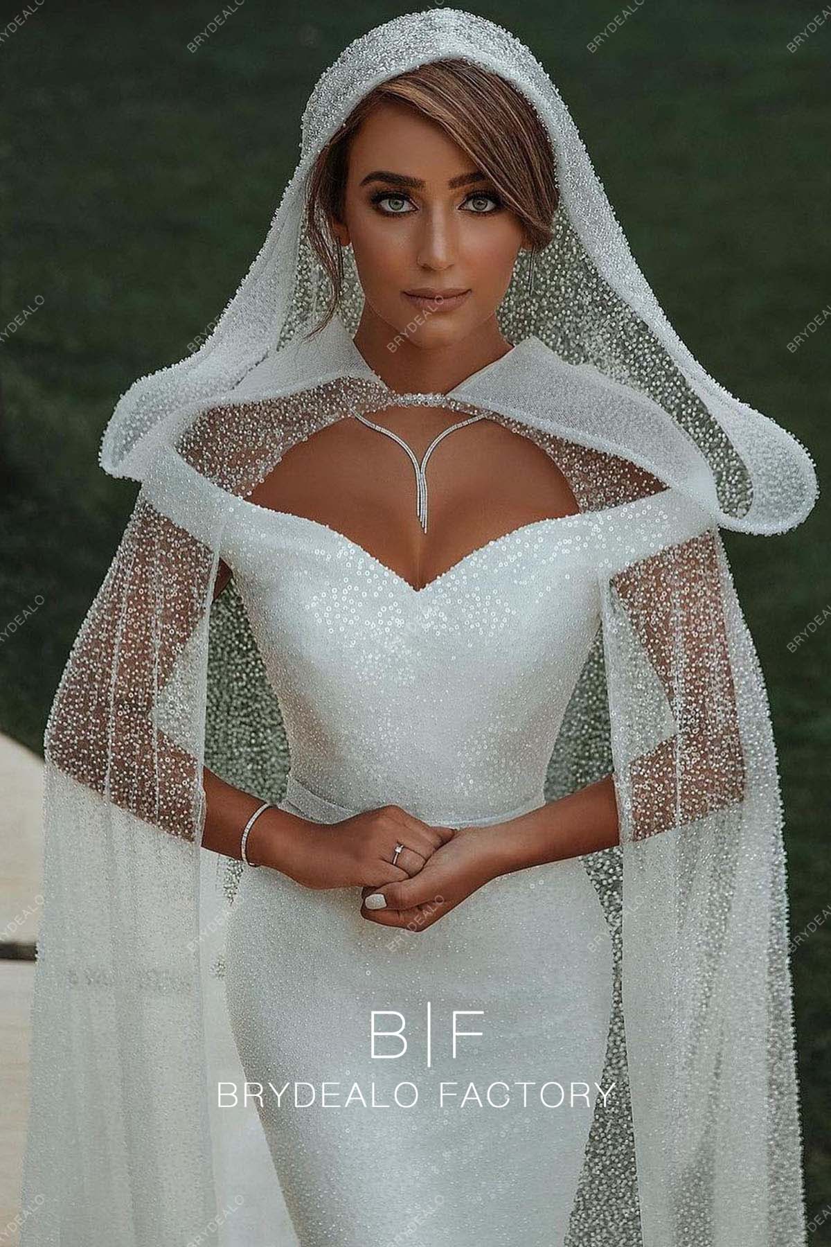 Off Shoulder Sparkly Custom Bridal Dress with Cloak