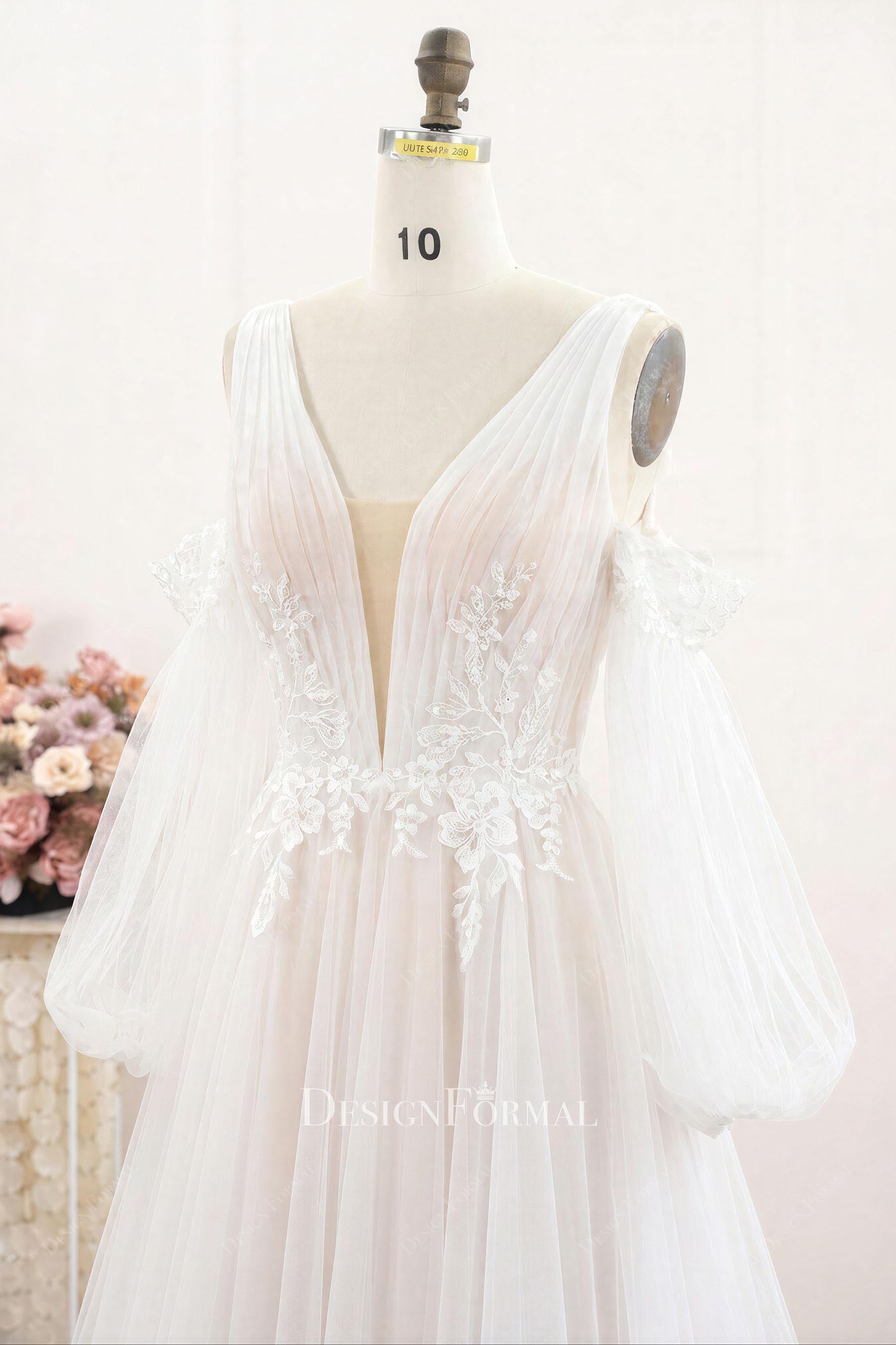 off shoulder bubble sleeve wedding dress