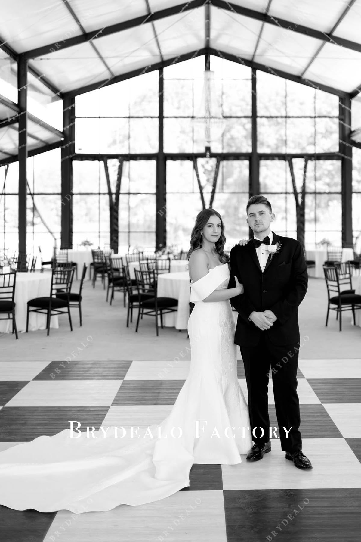 off shoulder cathedral train wedding dress