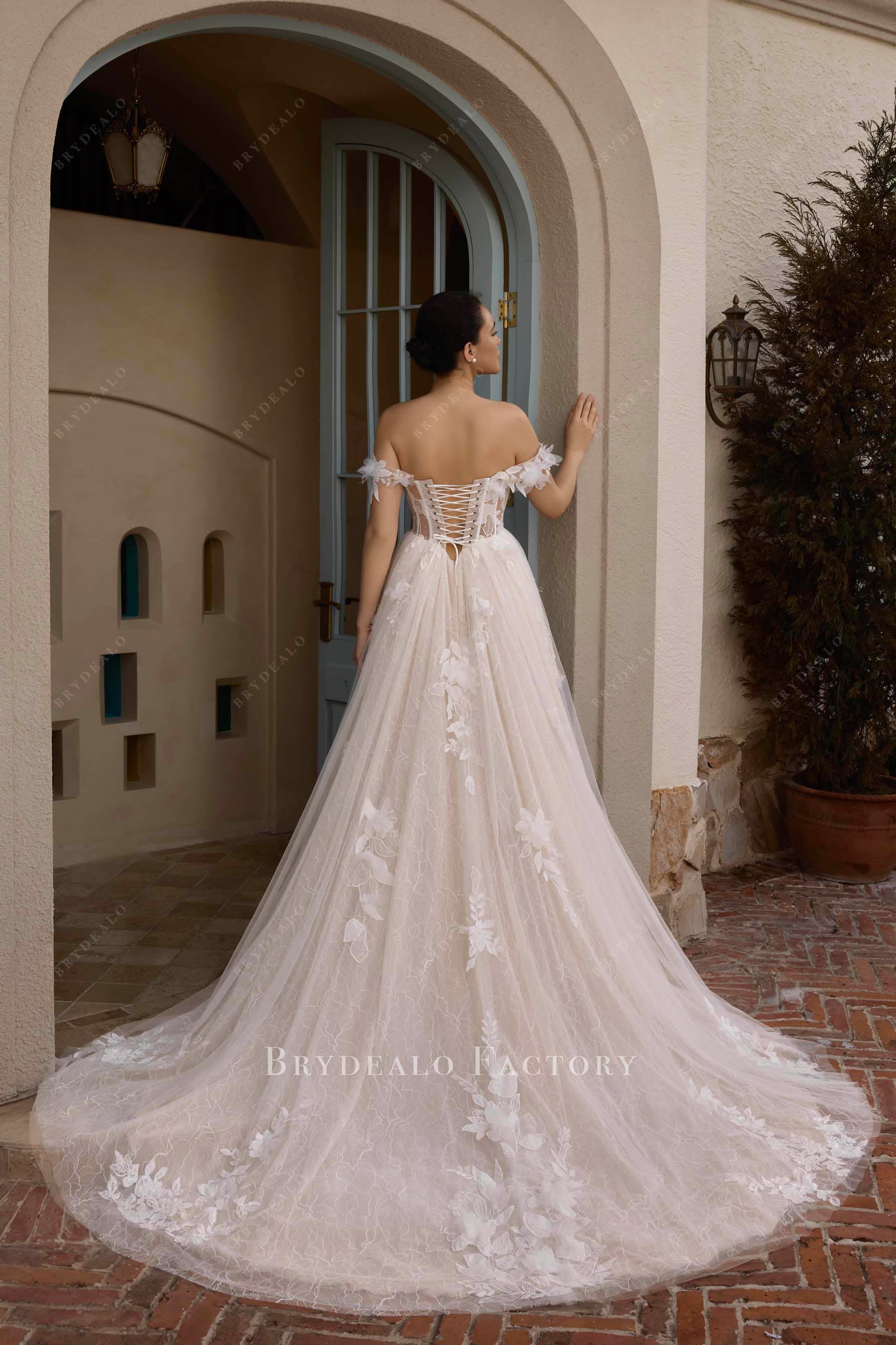 off shoulder chapel train garden wedding dress