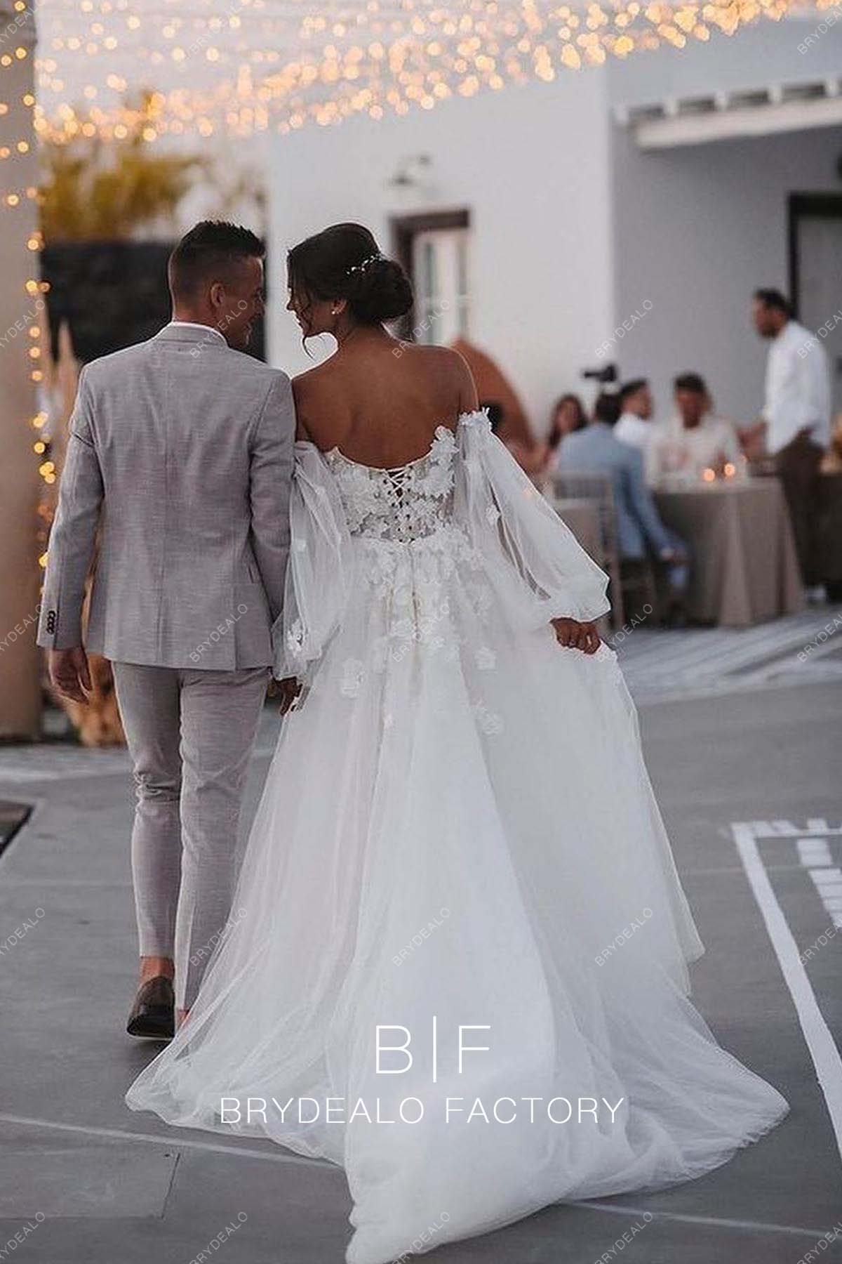 off shoulder lace-up closure modern overskirt wedding gown