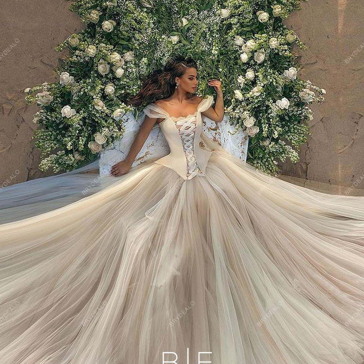 off the shoulder corset wedding dress Ladivine WN307 A Line Tulle Off the shoulder Sheer Corset Wedding Dress Beaded Bridal Gown 16 / Off White