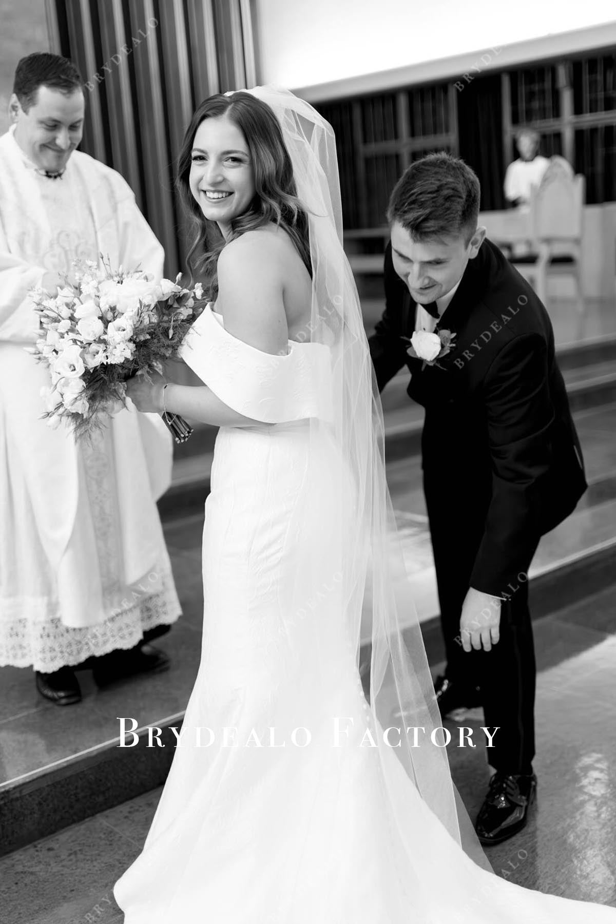 off shoulder drop sleeves wedding dress