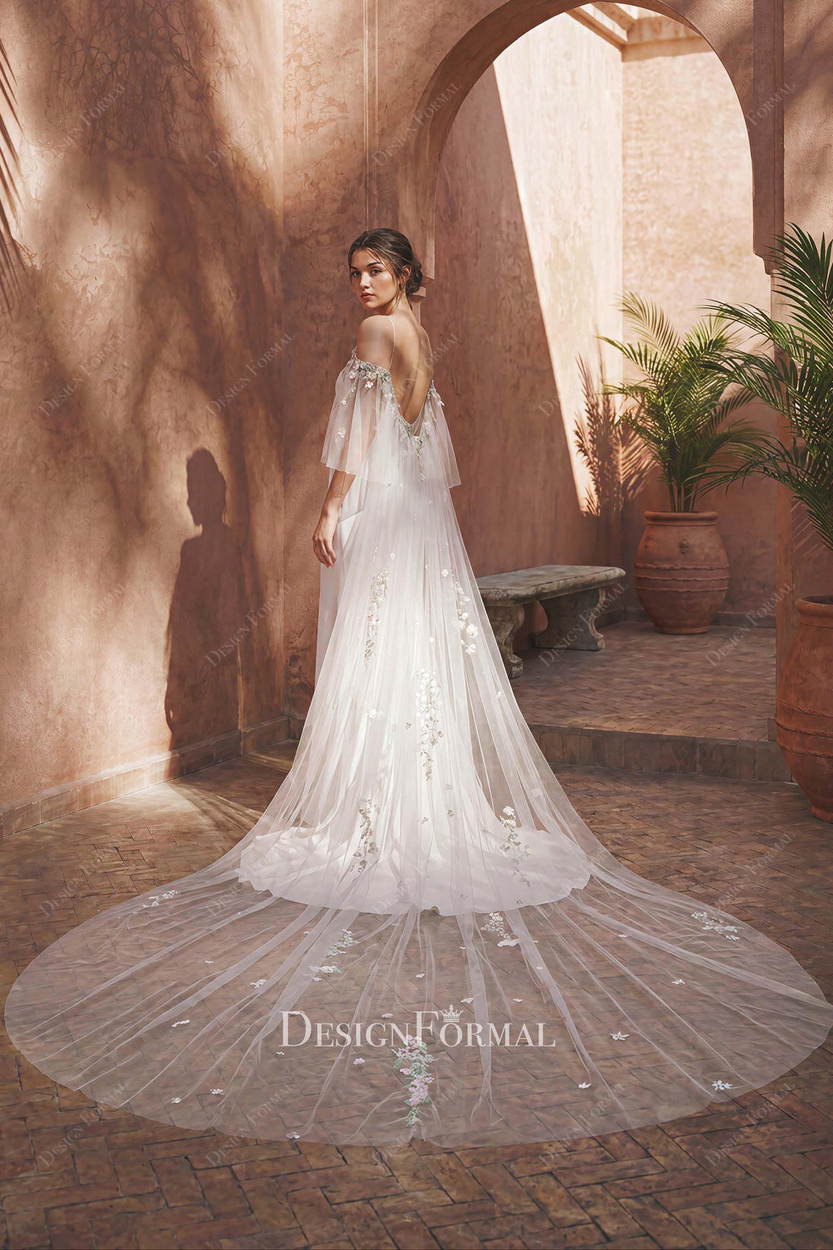 off shoulder floral lace wedding cape