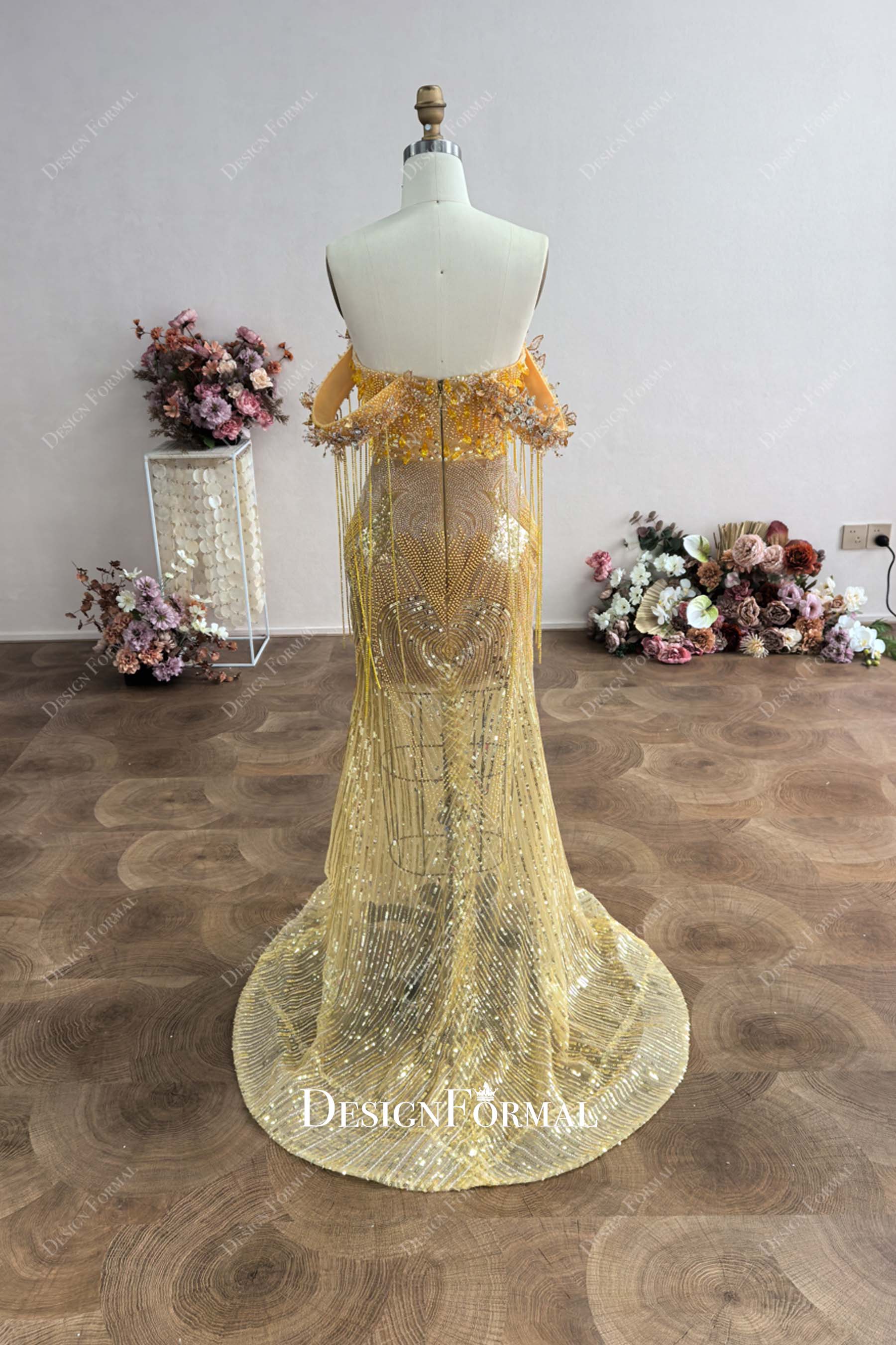 Custom Tassel Off Shoulder Gold Crystal Mermaid Prom Dress